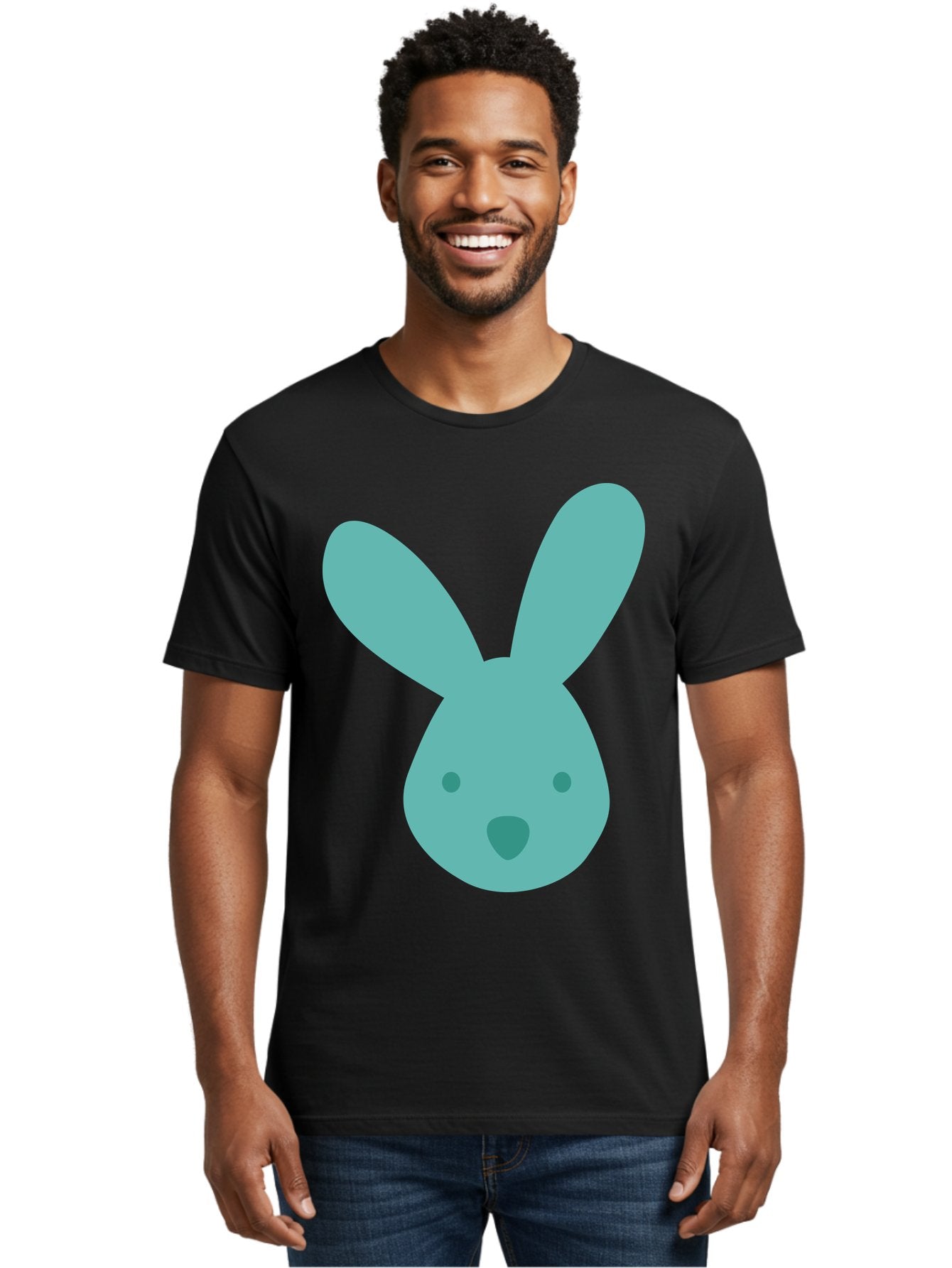 Bunny-Head Men'S Graphic Tee, 100% Cotton, Comfortable Casual Summer Wear, Machine Washable, Cartoon Bunny, Teal Rabbit, Simple Design, Cute Face, Digital Illustration, Easter Theme, Minimalist Art, Pastel Colors Aac550 24
