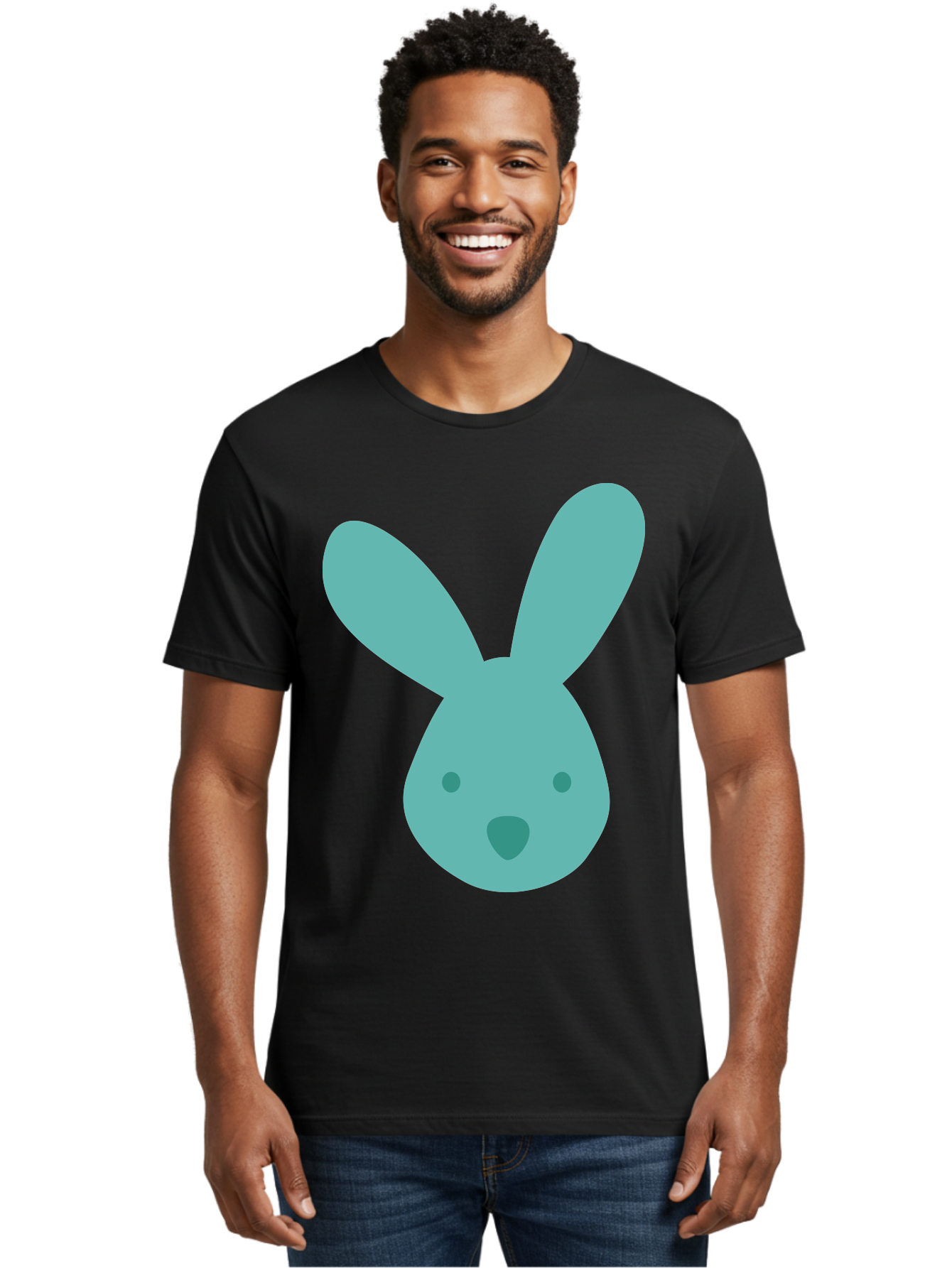 Bunny-Head Men'S Graphic Tee, 100% Cotton, Comfortable Casual Summer Wear, Machine Washable, Cartoon Bunny, Teal Rabbit, Simple Design, Cute Face, Digital Illustration, Easter Theme, Minimalist Art, Pastel Colors Aac550 14