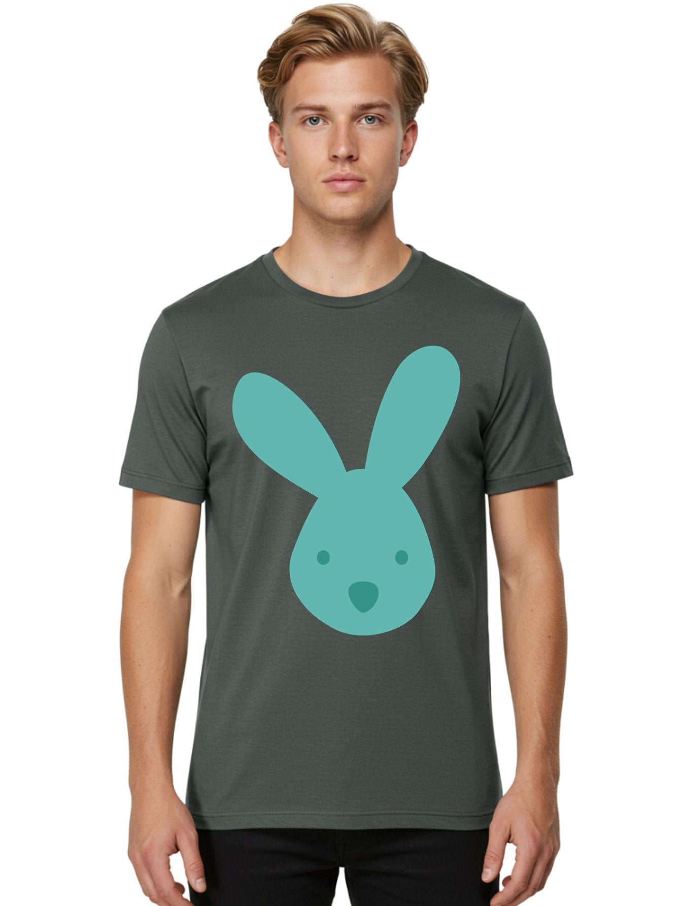 Bunny-Head Men'S Graphic Tee, 100% Cotton, Comfortable Casual Summer Wear, Machine Washable, Cartoon Bunny, Teal Rabbit, Simple Design, Cute Face, Digital Illustration, Easter Theme, Minimalist Art, Pastel Colors Aac550 21
