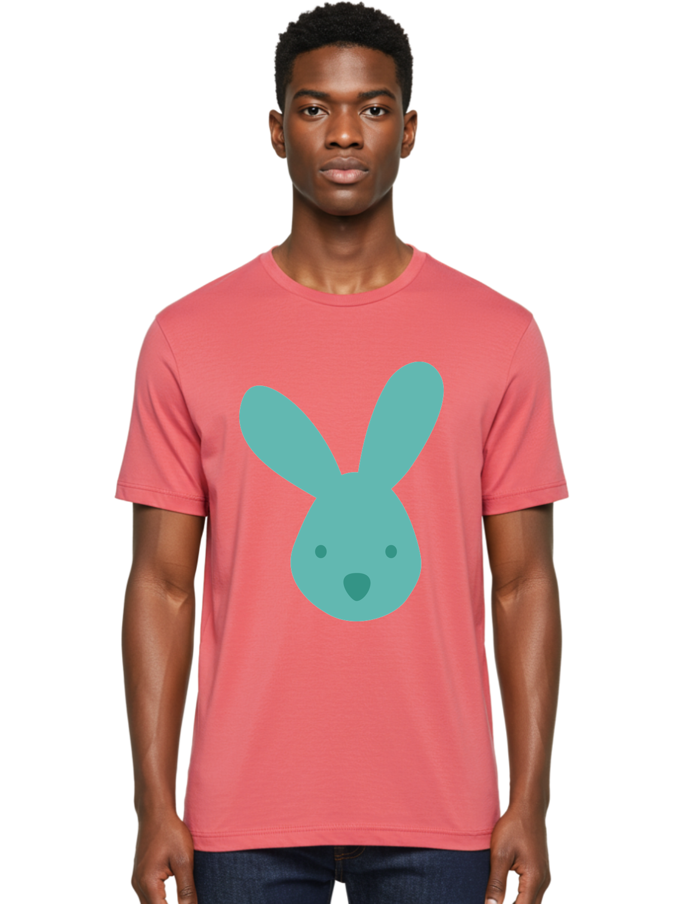 Bunny-Head Men'S Graphic Tee, 100% Cotton, Comfortable Casual Summer Wear, Machine Washable, Cartoon Bunny, Teal Rabbit, Simple Design, Cute Face, Digital Illustration, Easter Theme, Minimalist Art, Pastel Colors Aac550 16
