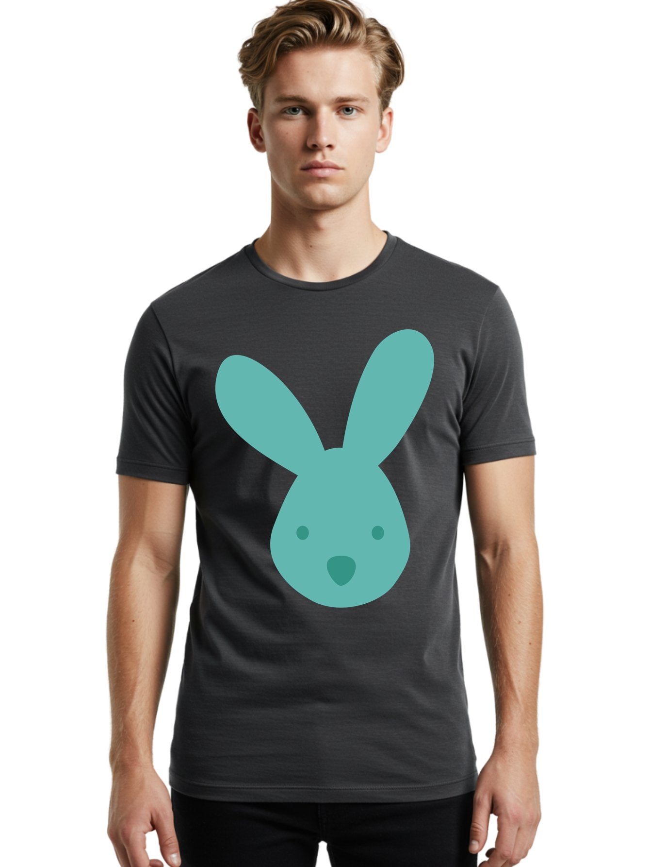 Bunny-Head Men'S Graphic Tee, 100% Cotton, Comfortable Casual Summer Wear, Machine Washable, Cartoon Bunny, Teal Rabbit, Simple Design, Cute Face, Digital Illustration, Easter Theme, Minimalist Art, Pastel Colors Aac550 20