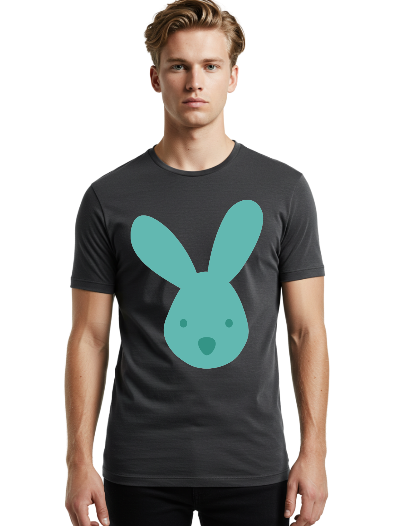 Bunny-Head Men'S Graphic Tee, 100% Cotton, Comfortable Casual Summer Wear, Machine Washable, Cartoon Bunny, Teal Rabbit, Simple Design, Cute Face, Digital Illustration, Easter Theme, Minimalist Art, Pastel Colors Aac550 30