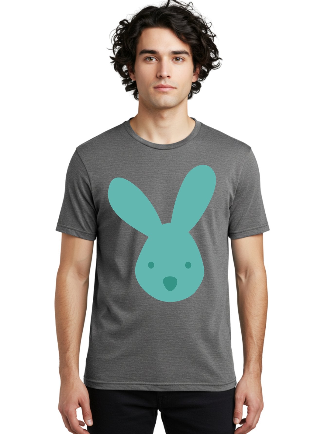 Bunny-Head Men'S Graphic Tee, 100% Cotton, Comfortable Casual Summer Wear, Machine Washable, Cartoon Bunny, Teal Rabbit, Simple Design, Cute Face, Digital Illustration, Easter Theme, Minimalist Art, Pastel Colors Aac550 28