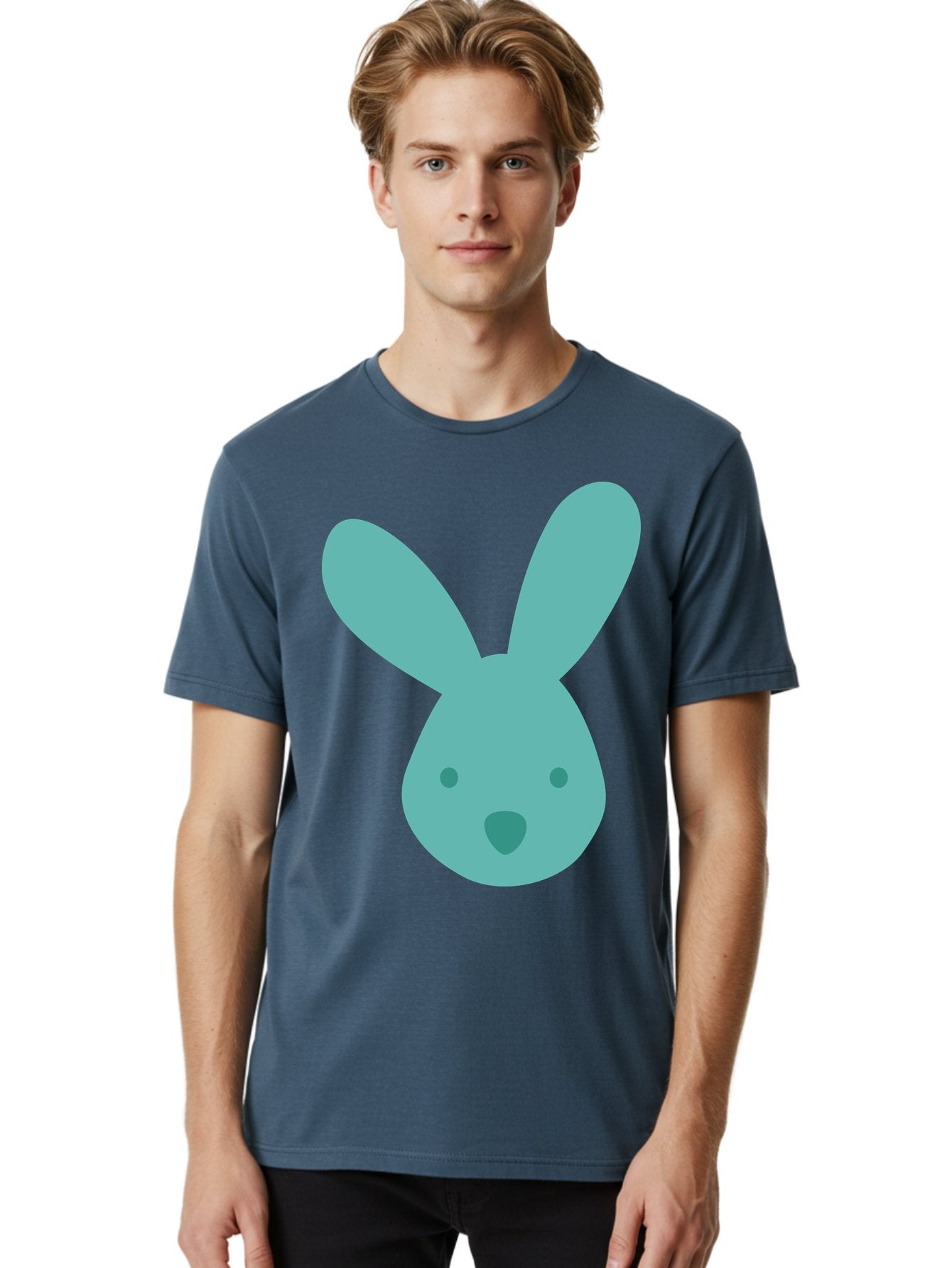 Bunny-Head Men'S Graphic Tee, 100% Cotton, Comfortable Casual Summer Wear, Machine Washable, Cartoon Bunny, Teal Rabbit, Simple Design, Cute Face, Digital Illustration, Easter Theme, Minimalist Art, Pastel Colors Aac550 16