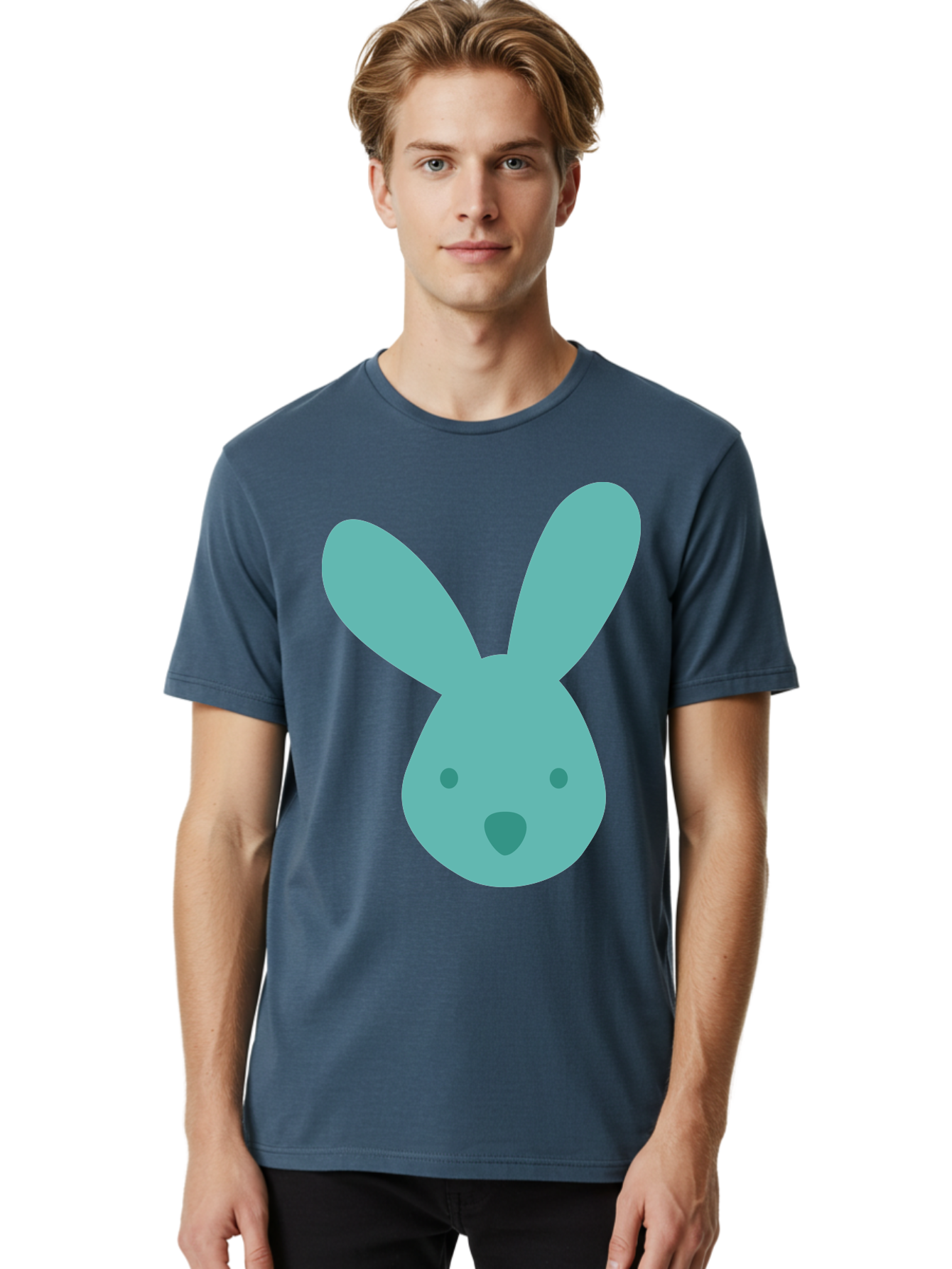 Bunny-Head Men'S Graphic Tee, 100% Cotton, Comfortable Casual Summer Wear, Machine Washable, Cartoon Bunny, Teal Rabbit, Simple Design, Cute Face, Digital Illustration, Easter Theme, Minimalist Art, Pastel Colors Aac550 26
