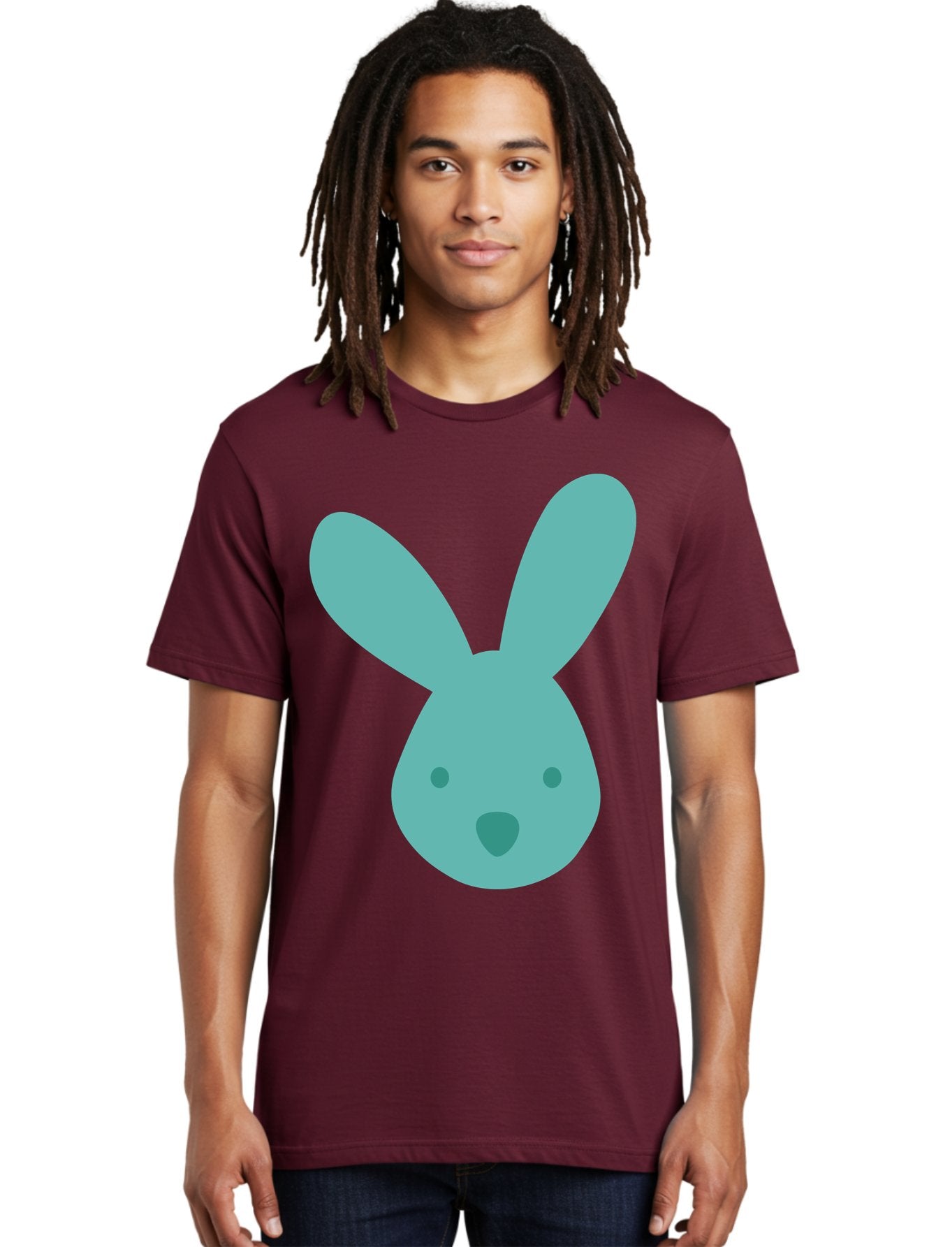 Bunny-Head Men'S Graphic Tee, 100% Cotton, Comfortable Casual Summer Wear, Machine Washable, Cartoon Bunny, Teal Rabbit, Simple Design, Cute Face, Digital Illustration, Easter Theme, Minimalist Art, Pastel Colors Aac550 17
