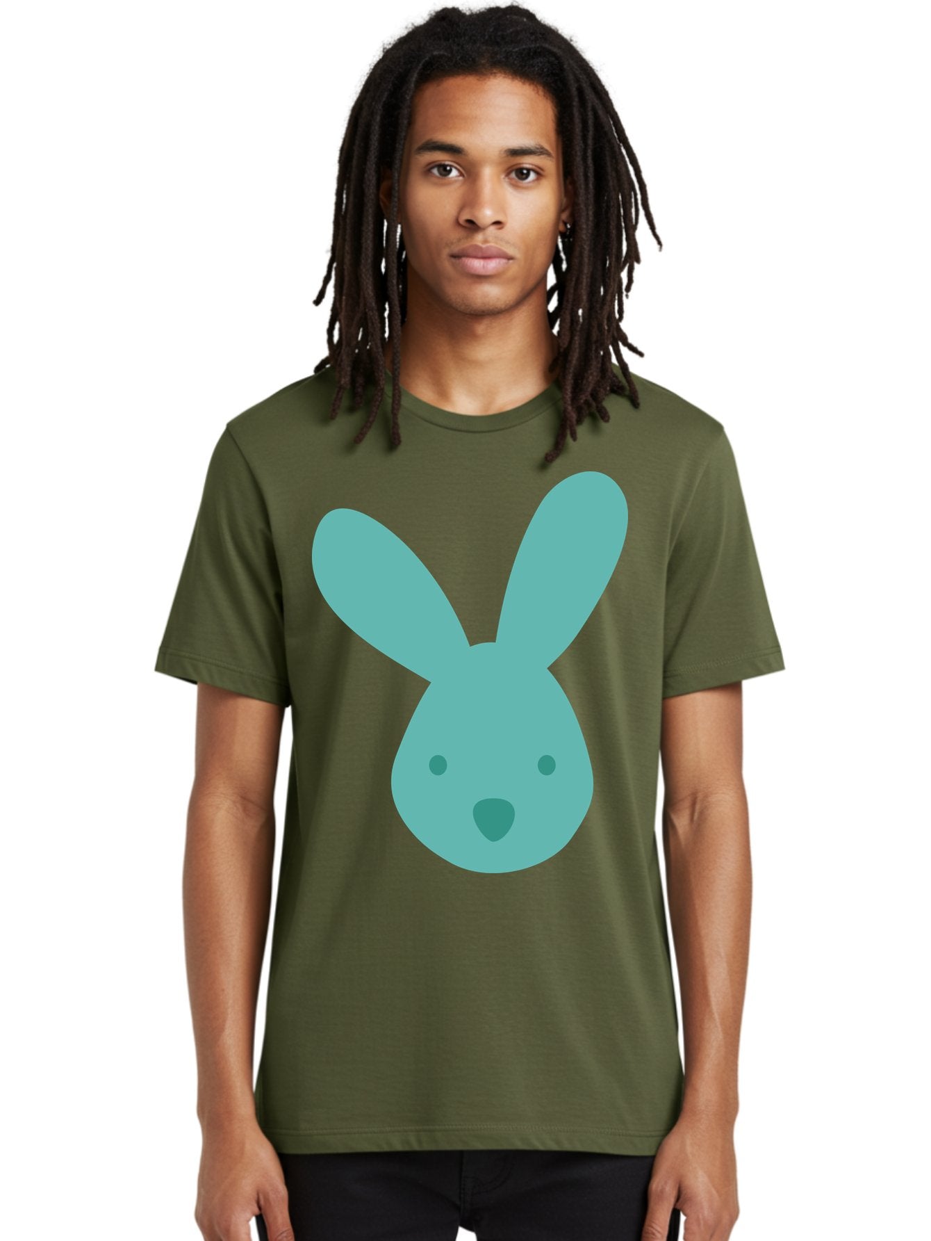 Bunny-Head Men'S Graphic Tee, 100% Cotton, Comfortable Casual Summer Wear, Machine Washable, Cartoon Bunny, Teal Rabbit, Simple Design, Cute Face, Digital Illustration, Easter Theme, Minimalist Art, Pastel Colors Aac550 22