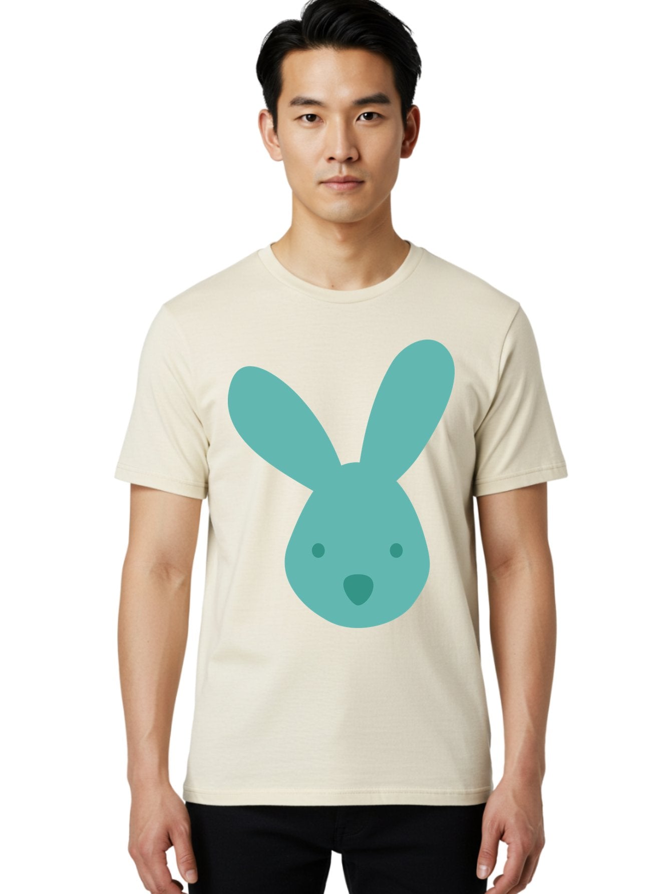 Bunny-Head Men'S Graphic Tee, 100% Cotton, Comfortable Casual Summer Wear, Machine Washable, Cartoon Bunny, Teal Rabbit, Simple Design, Cute Face, Digital Illustration, Easter Theme, Minimalist Art, Pastel Colors Aac550 19