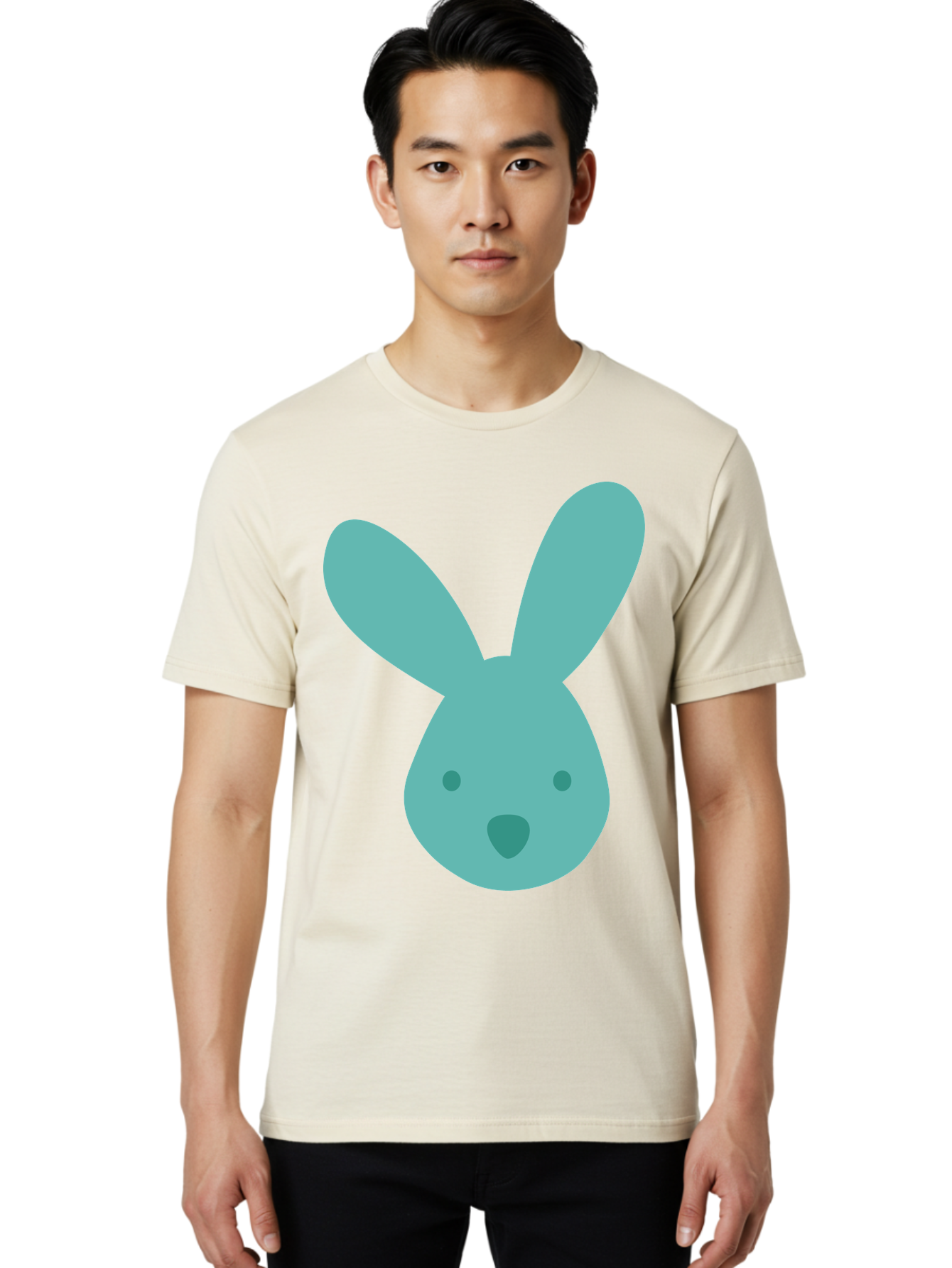 Bunny-Head Men'S Graphic Tee, 100% Cotton, Comfortable Casual Summer Wear, Machine Washable, Cartoon Bunny, Teal Rabbit, Simple Design, Cute Face, Digital Illustration, Easter Theme, Minimalist Art, Pastel Colors Aac550 22
