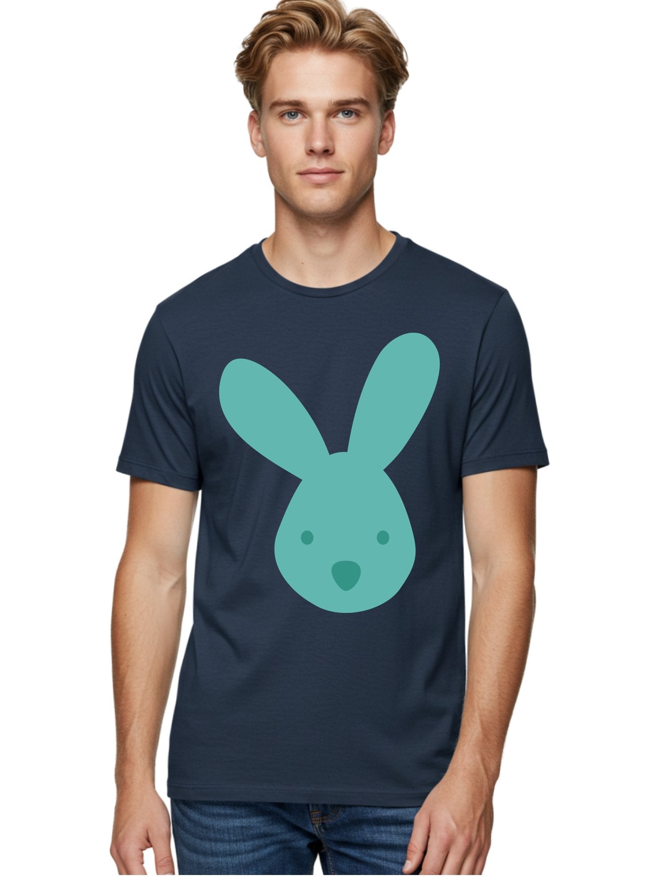 Bunny-Head Men'S Graphic Tee, 100% Cotton, Comfortable Casual Summer Wear, Machine Washable, Cartoon Bunny, Teal Rabbit, Simple Design, Cute Face, Digital Illustration, Easter Theme, Minimalist Art, Pastel Colors Aac550 25