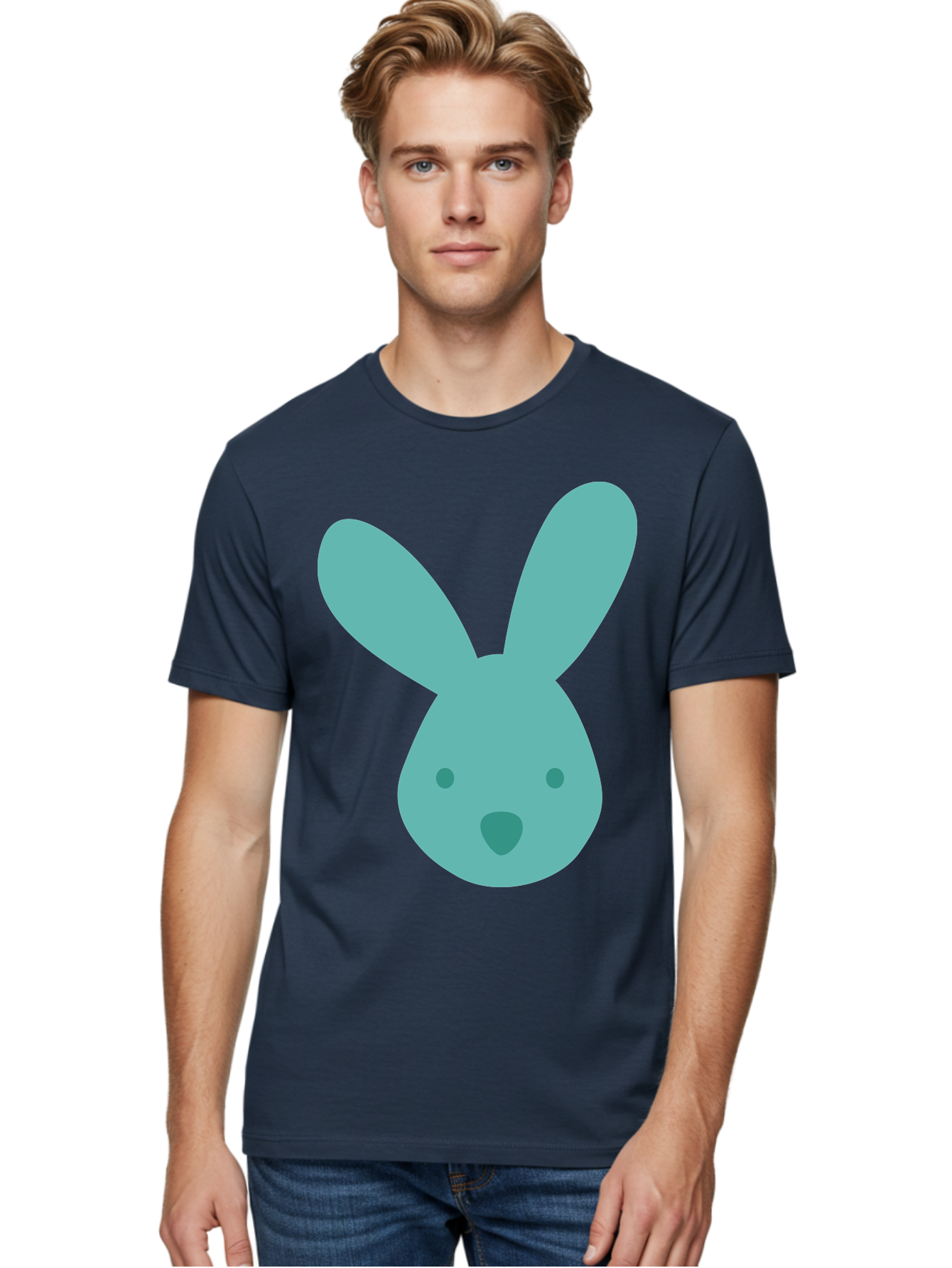 Bunny-Head Men'S Graphic Tee, 100% Cotton, Comfortable Casual Summer Wear, Machine Washable, Cartoon Bunny, Teal Rabbit, Simple Design, Cute Face, Digital Illustration, Easter Theme, Minimalist Art, Pastel Colors Aac550 12