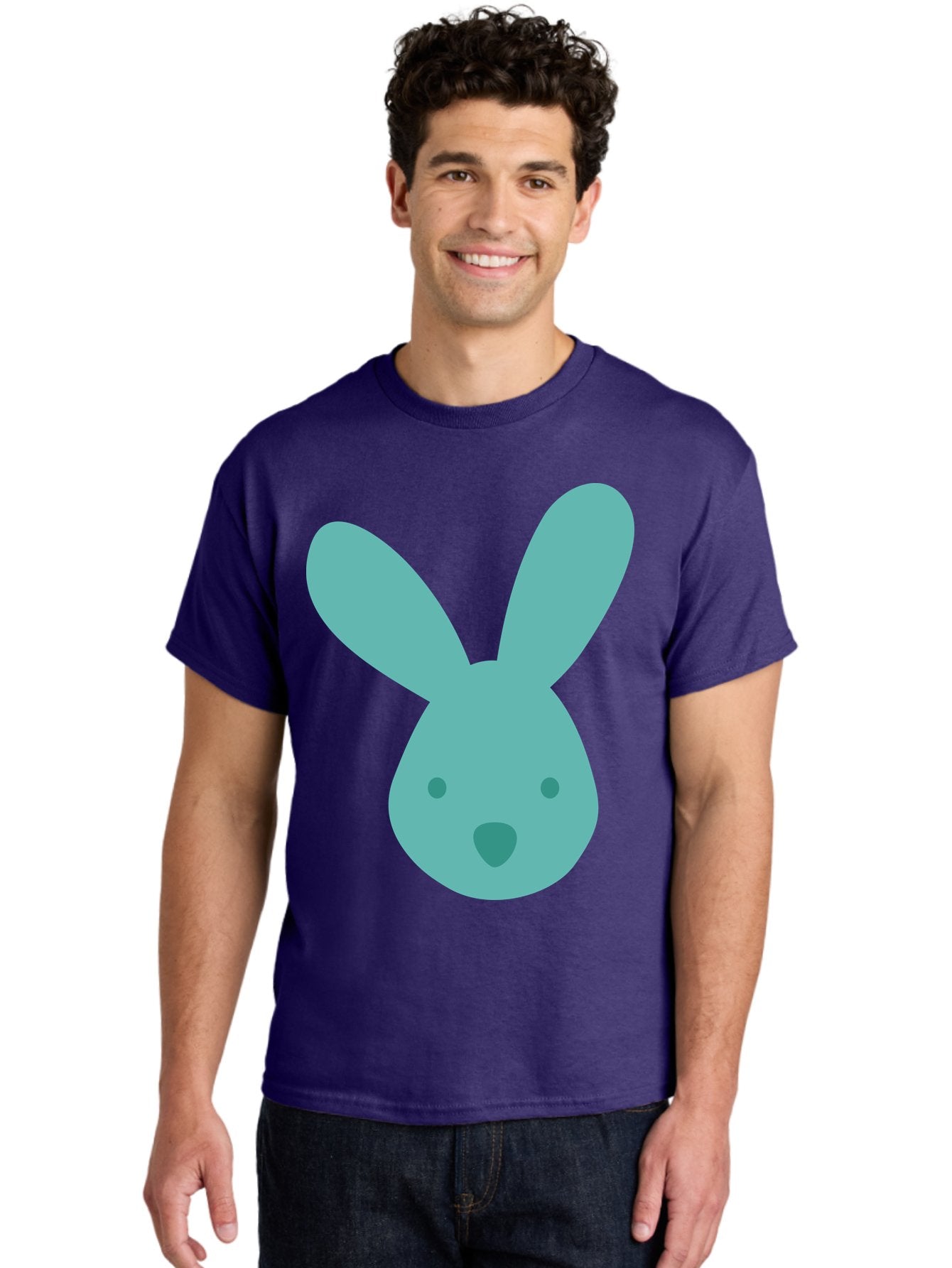 Bunny-Head Men'S Graphic Tee, 100% Cotton, Comfortable Casual Summer Wear, Machine Washable, Cartoon Bunny, Teal Rabbit, Simple Design, Cute Face, Digital Illustration, Easter Theme, Minimalist Art, Pastel Colors Aac550 29