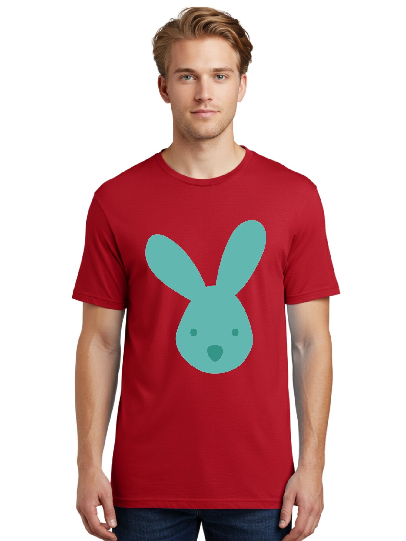 Bunny-Head Men'S Graphic Tee, 100% Cotton, Comfortable Casual Summer Wear, Machine Washable, Cartoon Bunny, Teal Rabbit, Simple Design, Cute Face, Digital Illustration, Easter Theme, Minimalist Art, Pastel Colors Aac550 30