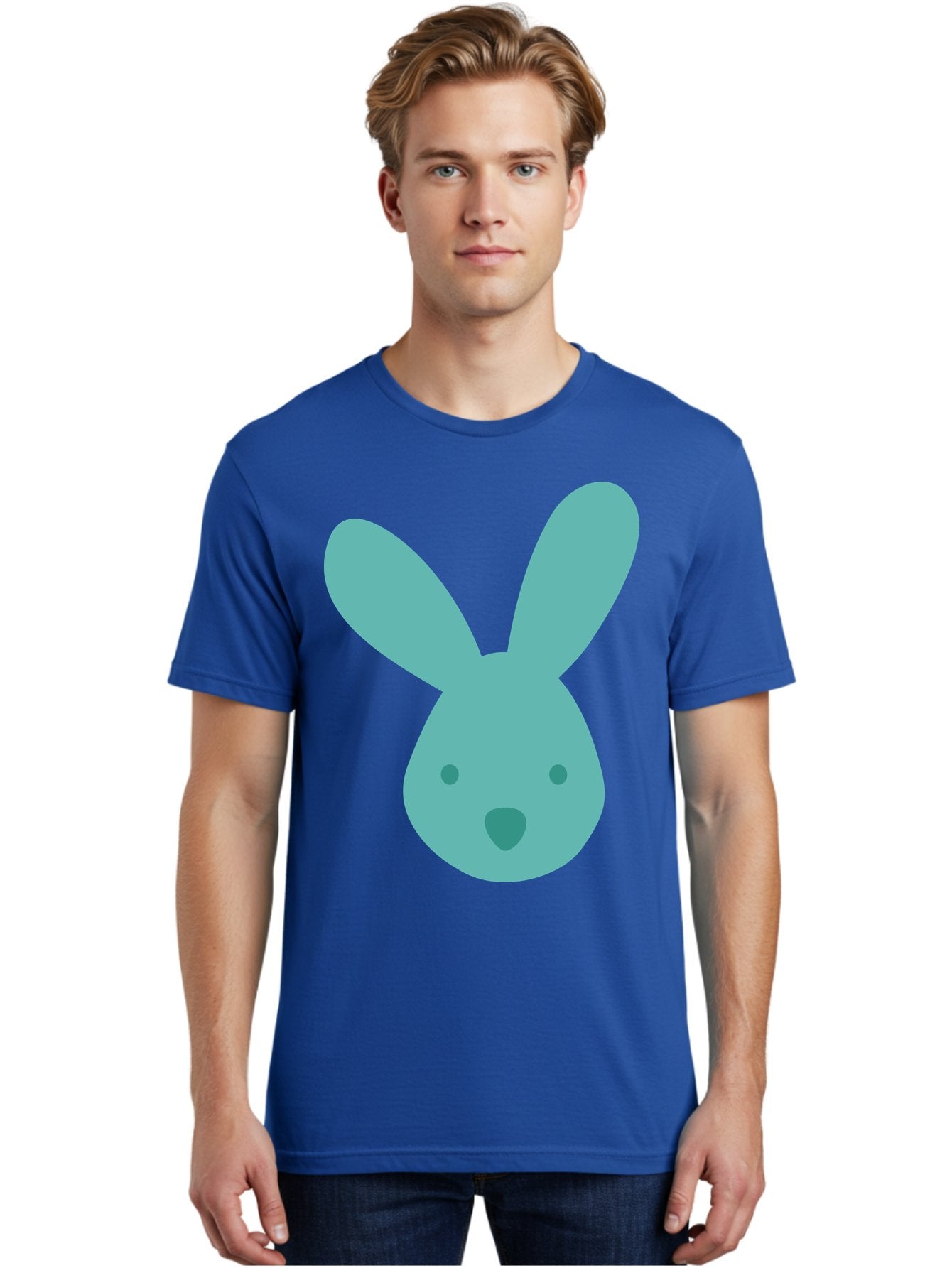 Bunny-Head Men'S Graphic Tee, 100% Cotton, Comfortable Casual Summer Wear, Machine Washable, Cartoon Bunny, Teal Rabbit, Simple Design, Cute Face, Digital Illustration, Easter Theme, Minimalist Art, Pastel Colors Aac550 18