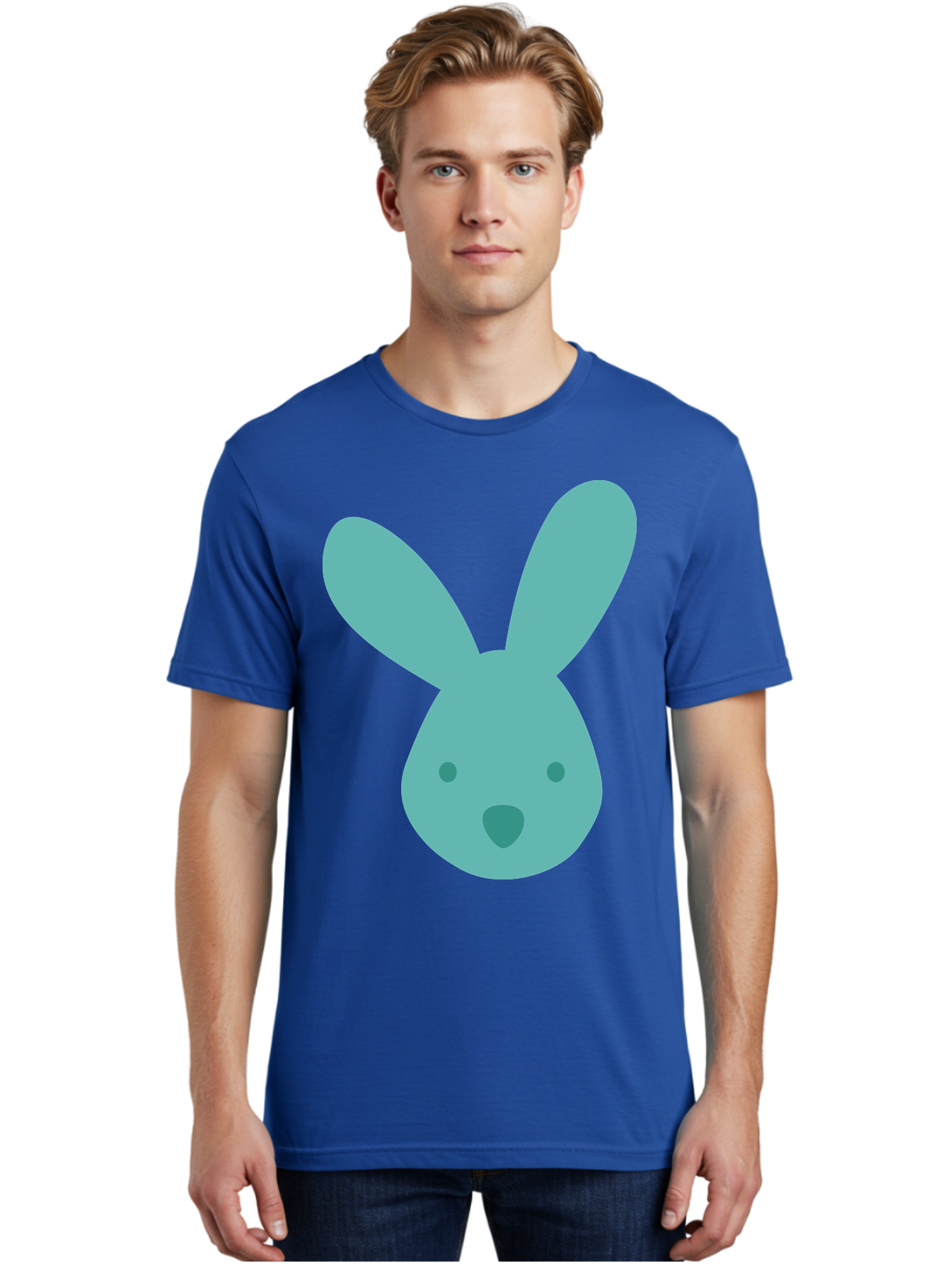 Bunny-Head Men'S Graphic Tee, 100% Cotton, Comfortable Casual Summer Wear, Machine Washable, Cartoon Bunny, Teal Rabbit, Simple Design, Cute Face, Digital Illustration, Easter Theme, Minimalist Art, Pastel Colors Aac550 24