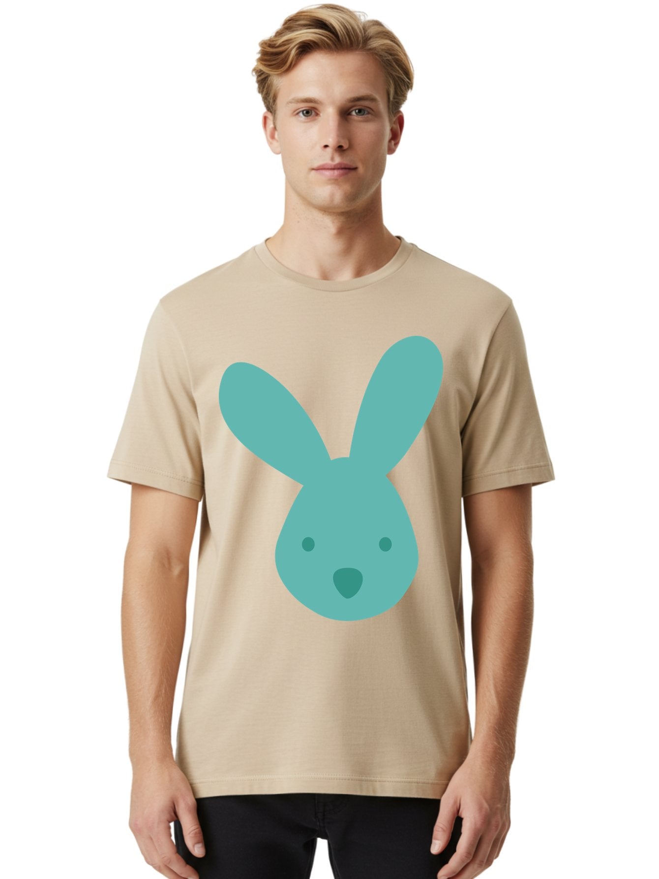 Bunny-Head Men'S Graphic Tee, 100% Cotton, Comfortable Casual Summer Wear, Machine Washable, Cartoon Bunny, Teal Rabbit, Simple Design, Cute Face, Digital Illustration, Easter Theme, Minimalist Art, Pastel Colors Aac550 26