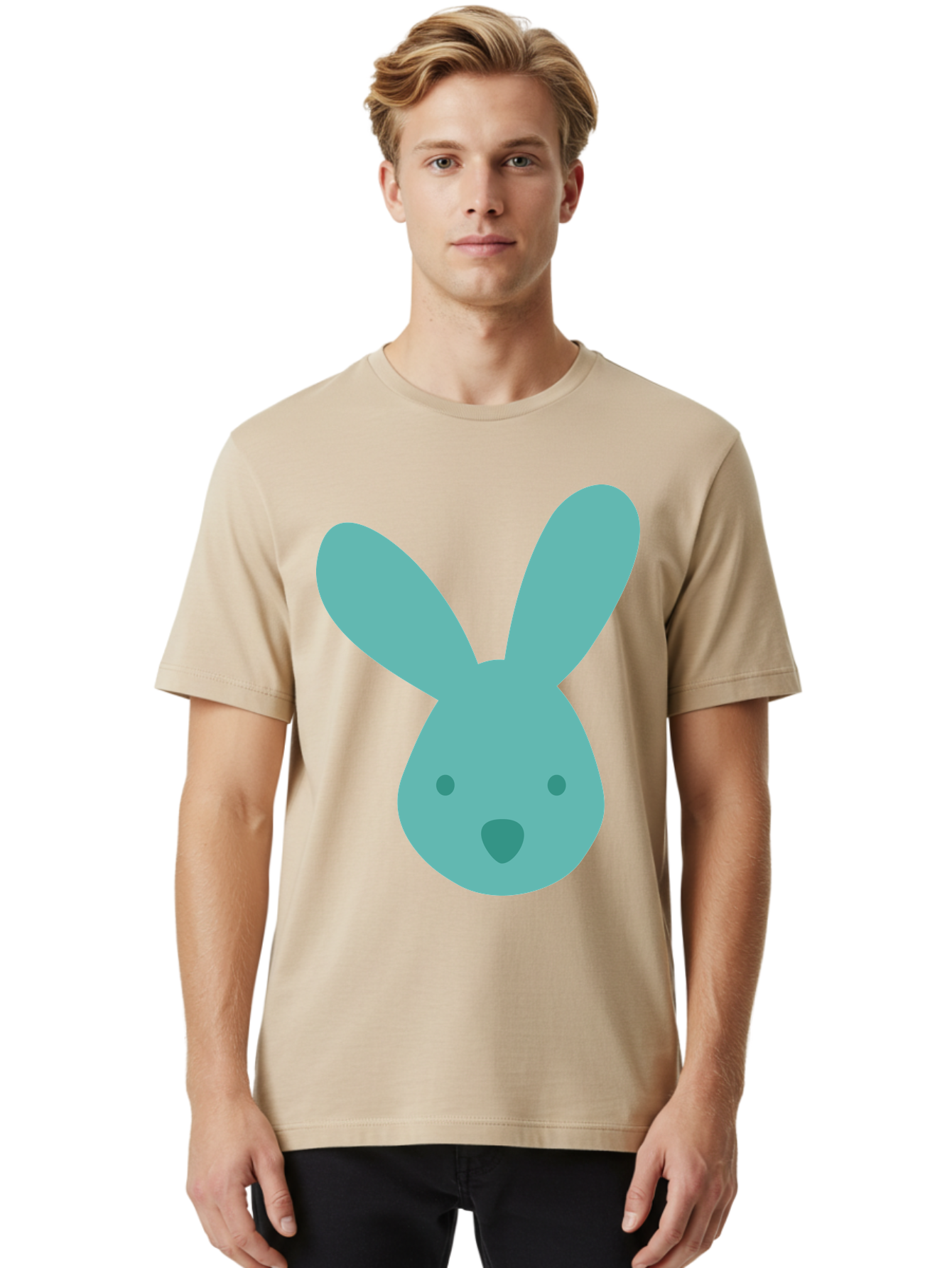 Bunny-Head Men'S Graphic Tee, 100% Cotton, Comfortable Casual Summer Wear, Machine Washable, Cartoon Bunny, Teal Rabbit, Simple Design, Cute Face, Digital Illustration, Easter Theme, Minimalist Art, Pastel Colors Aac550 10