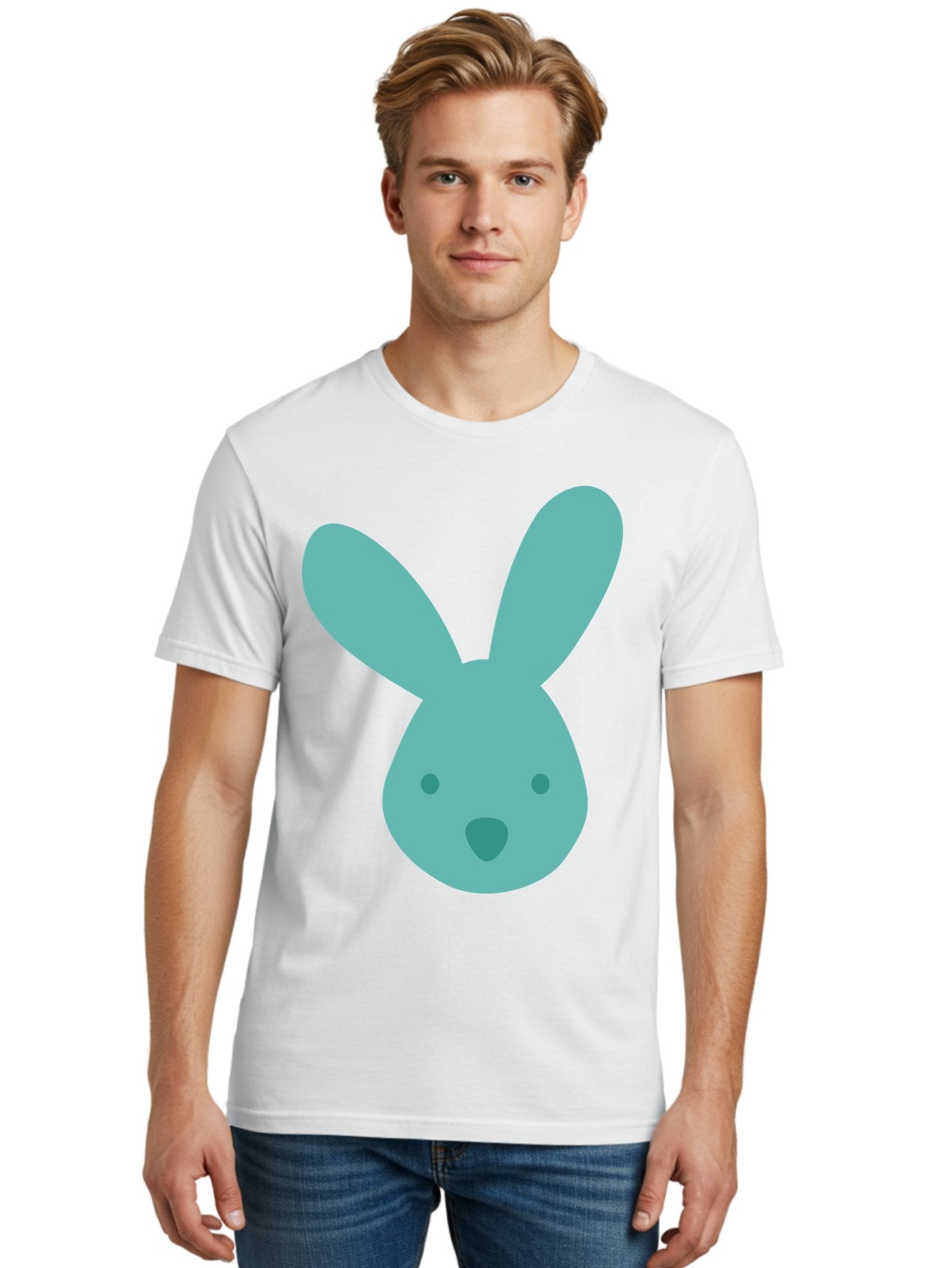 Bunny-Head Men'S Graphic Tee, 100% Cotton, Comfortable Casual Summer Wear, Machine Washable, Cartoon Bunny, Teal Rabbit, Simple Design, Cute Face, Digital Illustration, Easter Theme, Minimalist Art, Pastel Colors Aac550 27