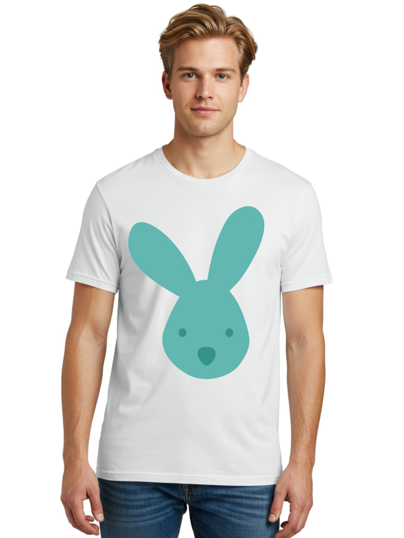 Bunny-Head Men'S Graphic Tee, 100% Cotton, Comfortable Casual Summer Wear, Machine Washable, Cartoon Bunny, Teal Rabbit, Simple Design, Cute Face, Digital Illustration, Easter Theme, Minimalist Art, Pastel Colors Aac550 8
