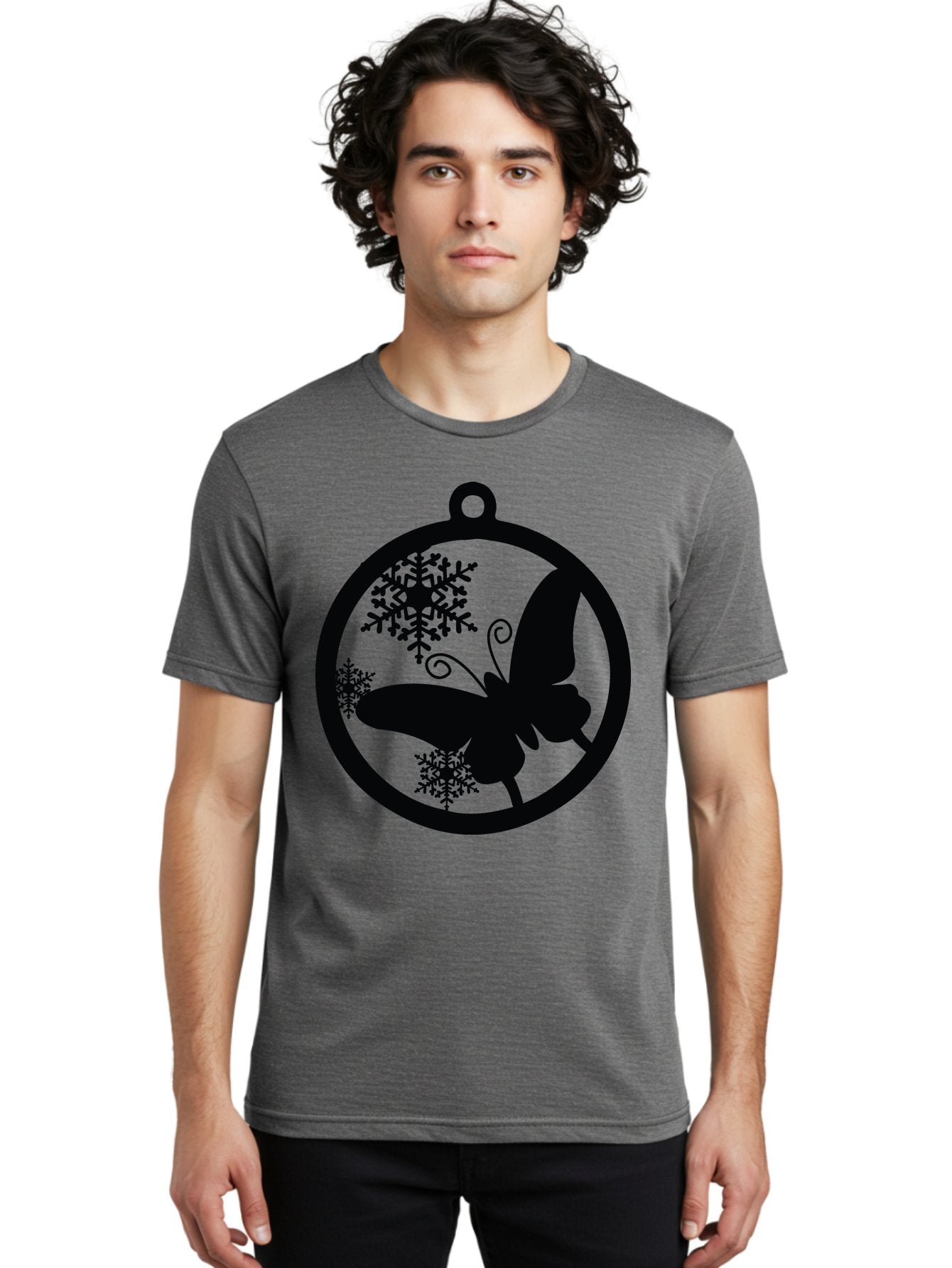 Butterfly-Ornament Men'S Graphic Tee, 100% Cotton, Comfortable Casual Summer Wear, Machine Washable, Butterfly, Snowflakes, Ornament, Winter Decor, Festive Design, Holiday Theme, Delicate Patterns, Intricate Details, Christmas Decoration Aac553 25