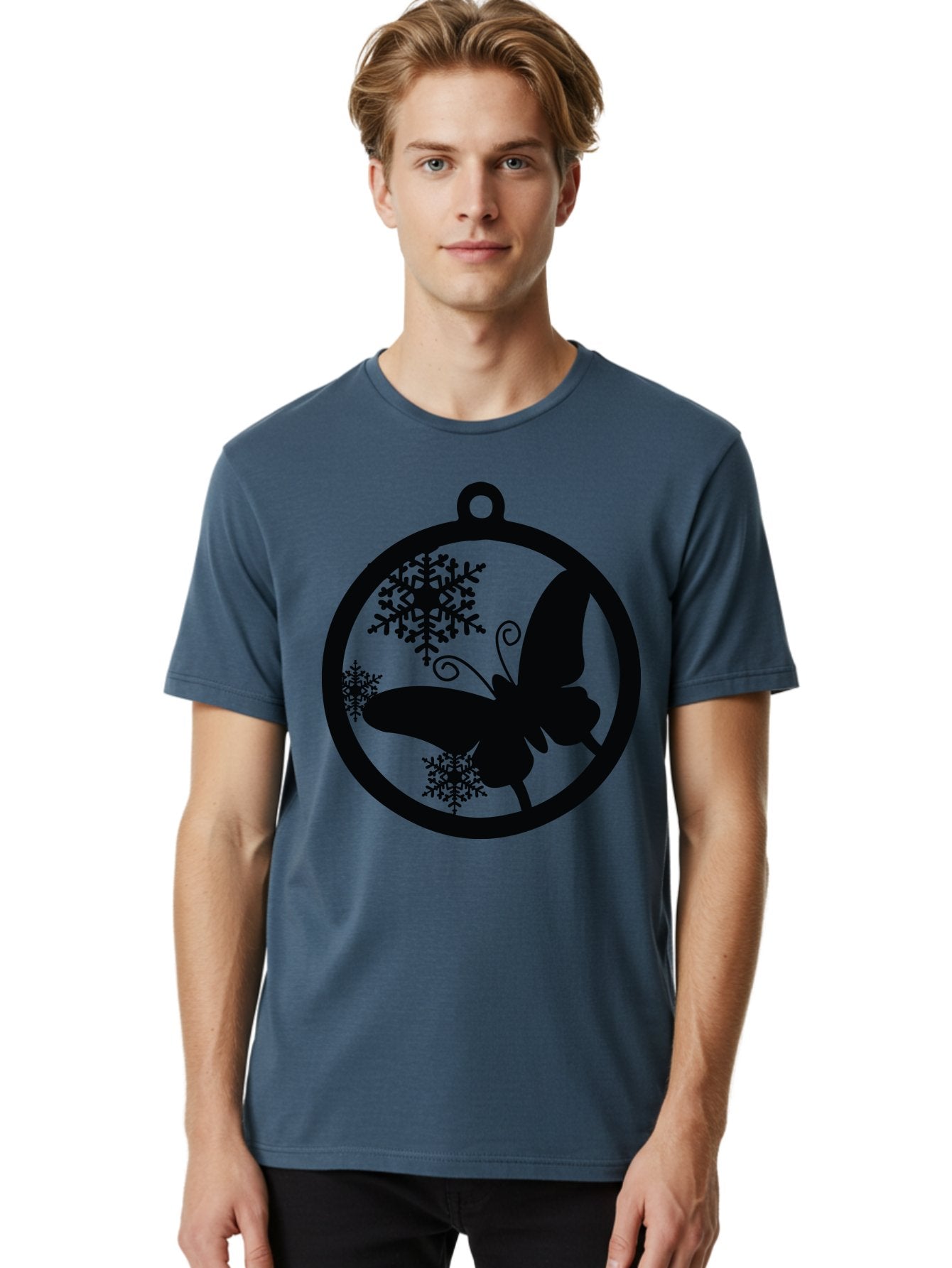 Butterfly-Ornament Men'S Graphic Tee, 100% Cotton, Comfortable Casual Summer Wear, Machine Washable, Butterfly, Snowflakes, Ornament, Winter Decor, Festive Design, Holiday Theme, Delicate Patterns, Intricate Details, Christmas Decoration Aac553 21