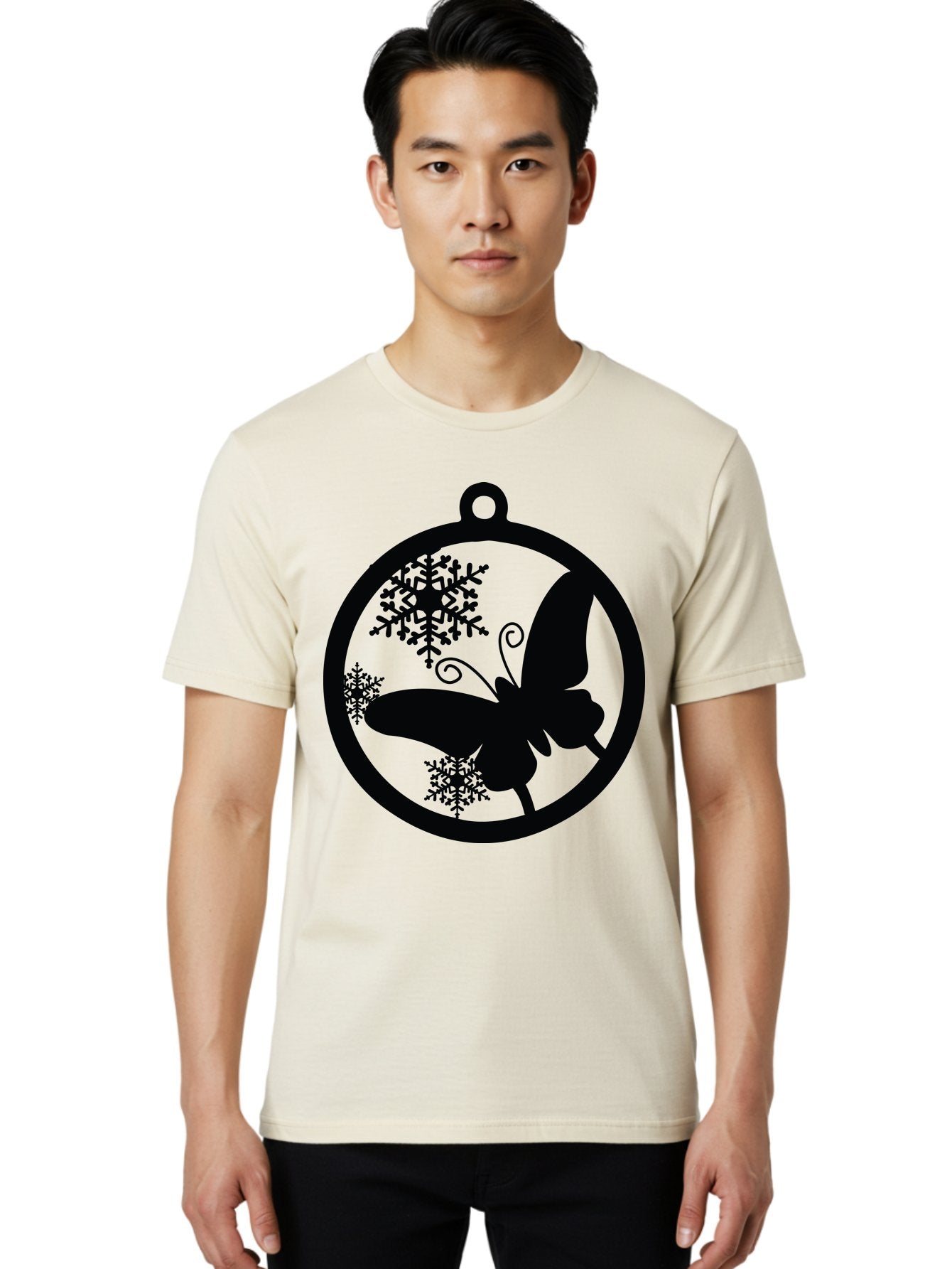 Butterfly-Ornament Men'S Graphic Tee, 100% Cotton, Comfortable Casual Summer Wear, Machine Washable, Butterfly, Snowflakes, Ornament, Winter Decor, Festive Design, Holiday Theme, Delicate Patterns, Intricate Details, Christmas Decoration Aac553 29