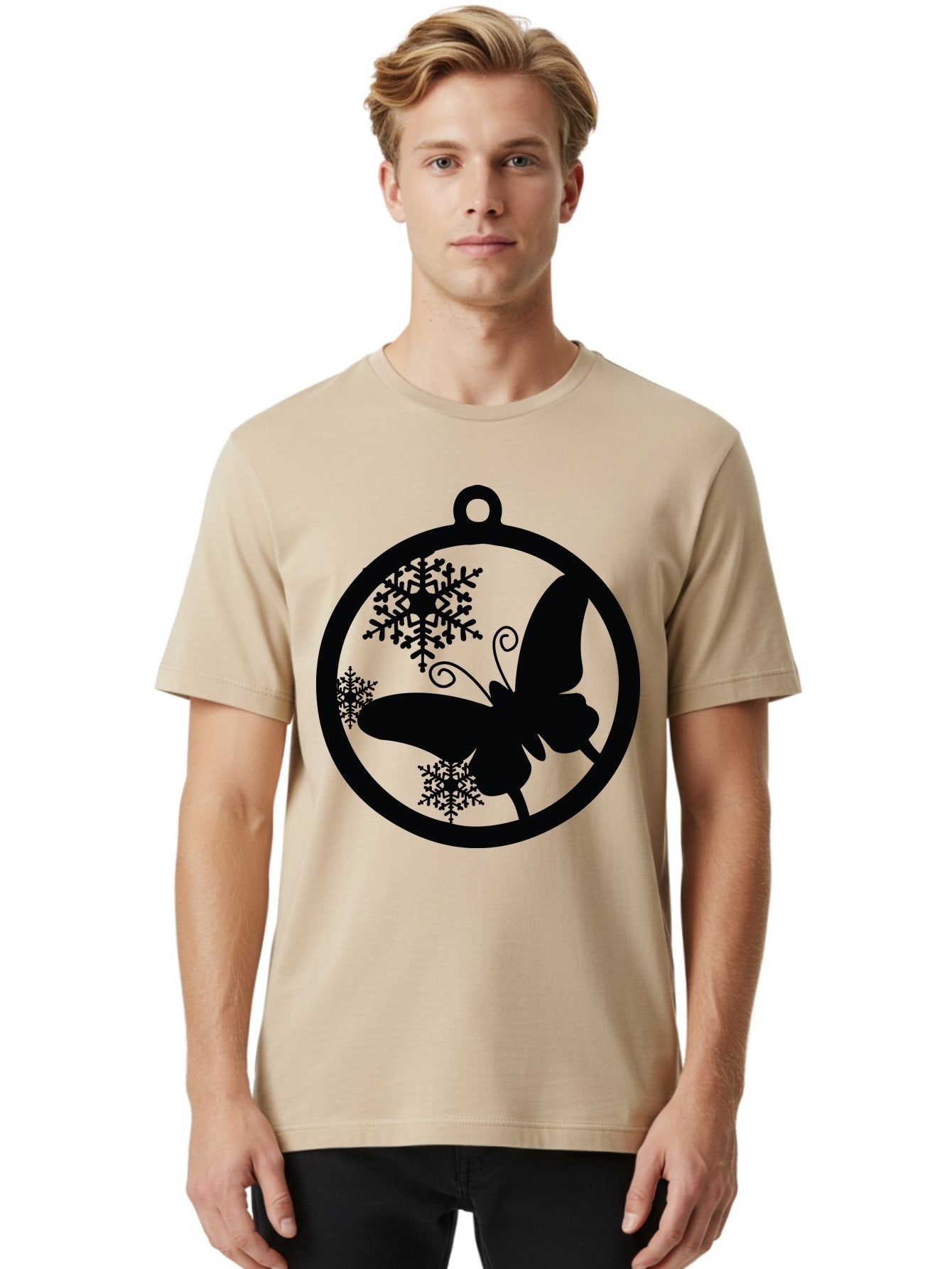 Butterfly-Ornament Men'S Graphic Tee, 100% Cotton, Comfortable Casual Summer Wear, Machine Washable, Butterfly, Snowflakes, Ornament, Winter Decor, Festive Design, Holiday Theme, Delicate Patterns, Intricate Details, Christmas Decoration Aac553 20