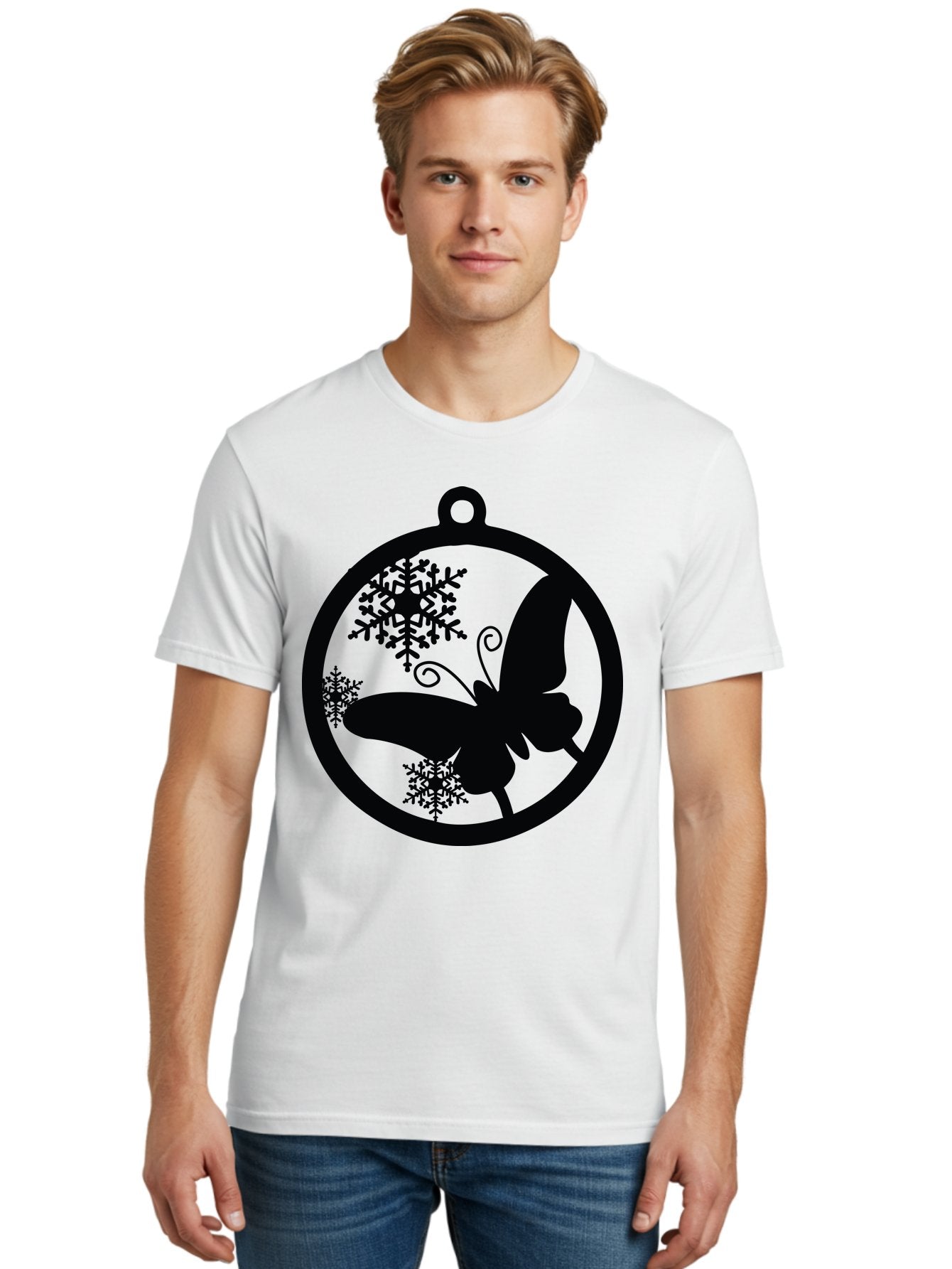 Butterfly-Ornament Men'S Graphic Tee, 100% Cotton, Comfortable Casual Summer Wear, Machine Washable, Butterfly, Snowflakes, Ornament, Winter Decor, Festive Design, Holiday Theme, Delicate Patterns, Intricate Details, Christmas Decoration Aac553 17