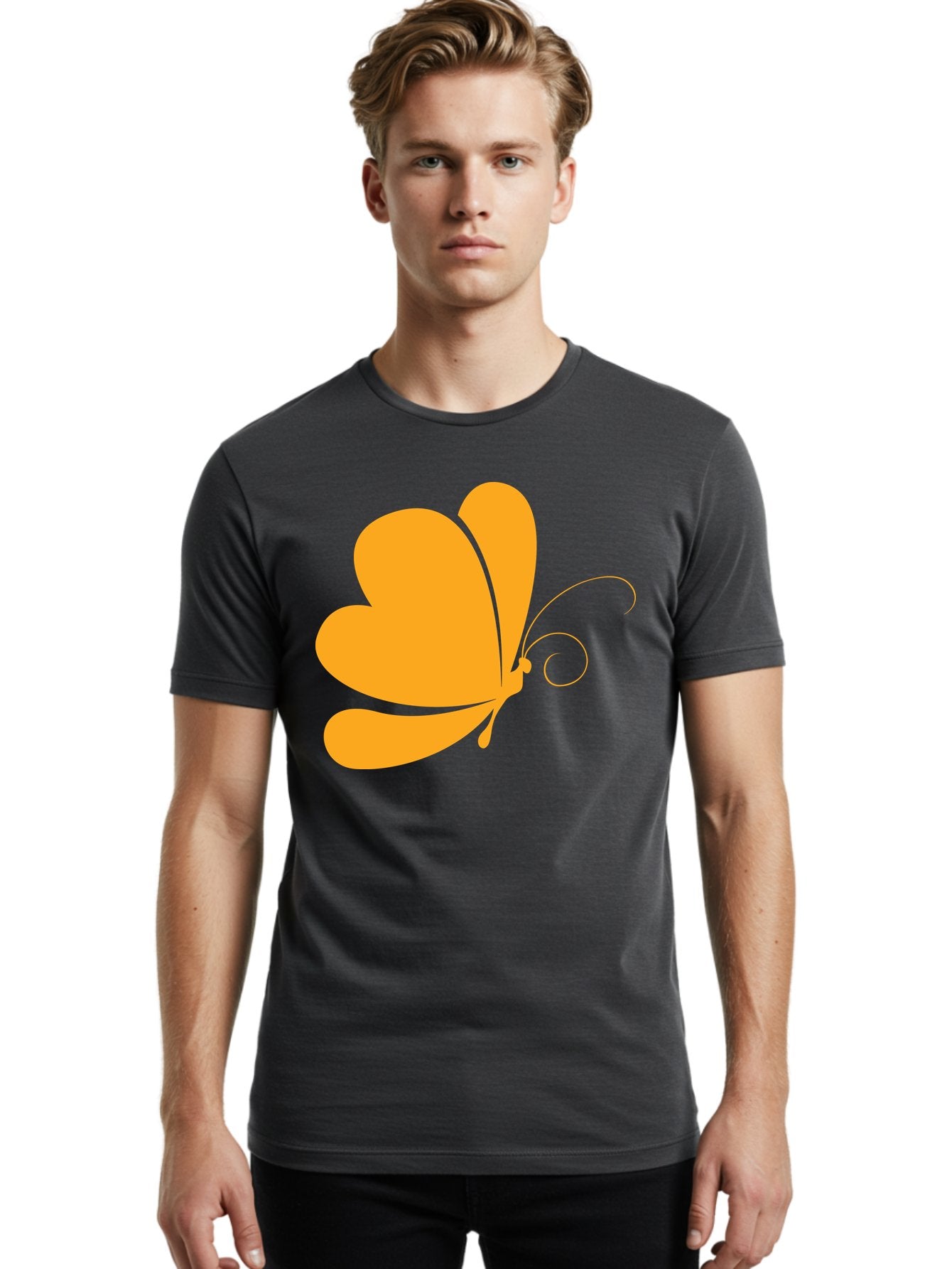 Butterfly Men'S Graphic Tee, 100% Cotton, Comfortable Casual Summer Wear, Machine Washable, Orange Butterfly, Minimalist Design, Stylized Insect, Delicate Features, Orange Silhouette, Butterfly Wings, Simple Shapes, Graphic Illustration, Aac554 28