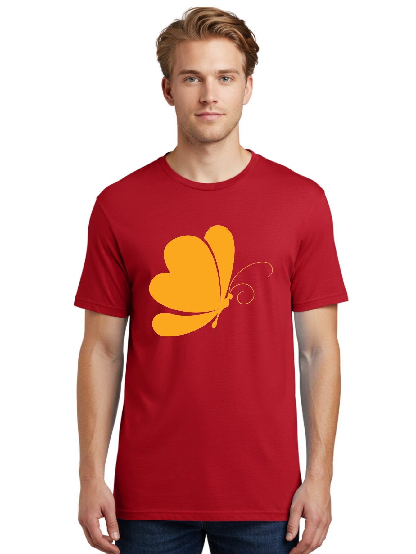 Butterfly Men'S Graphic Tee, 100% Cotton, Comfortable Casual Summer Wear, Machine Washable, Orange Butterfly, Minimalist Design, Stylized Insect, Delicate Features, Orange Silhouette, Butterfly Wings, Simple Shapes, Graphic Illustration, Aac554 25