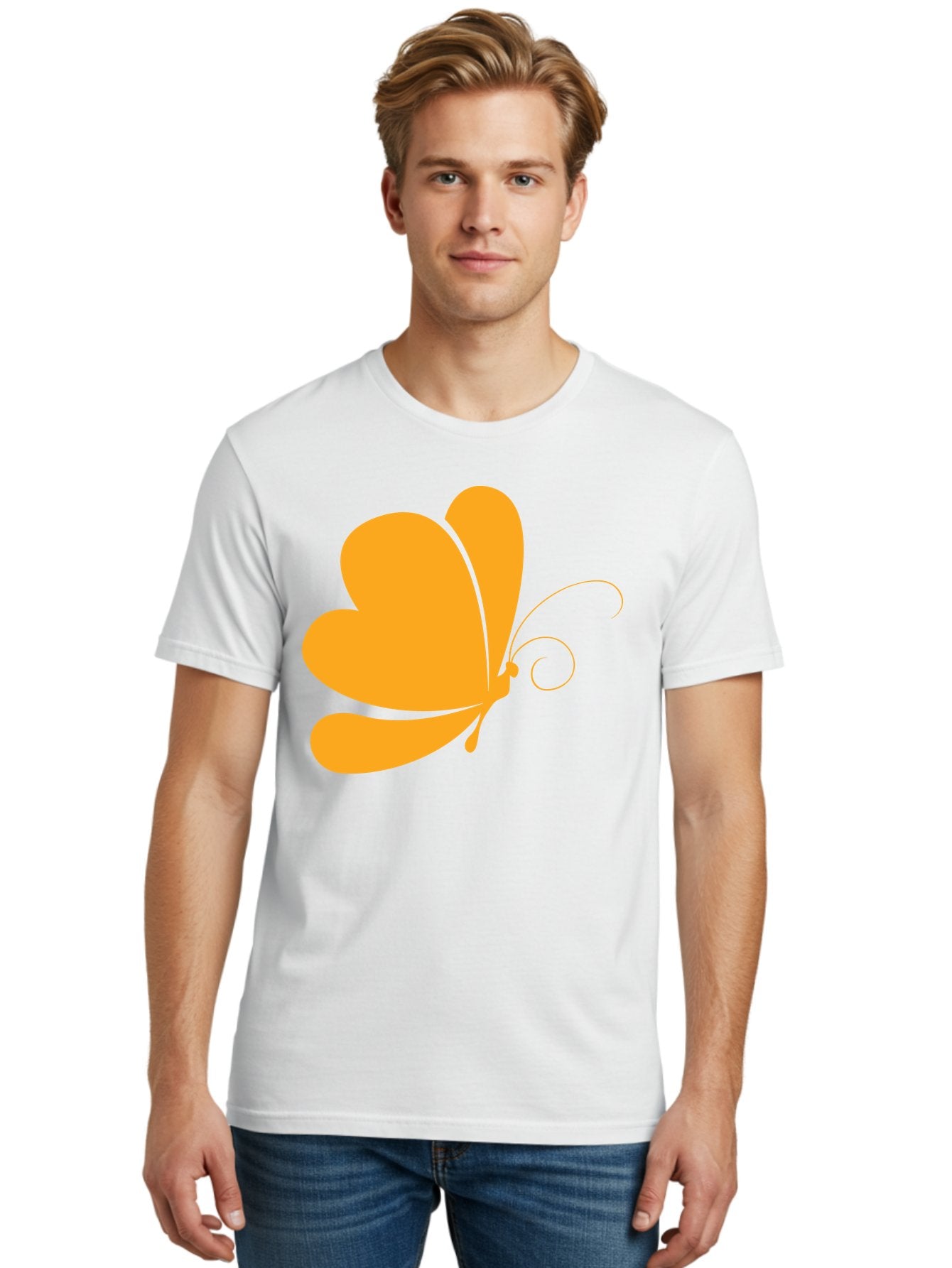 Butterfly Men'S Graphic Tee, 100% Cotton, Comfortable Casual Summer Wear, Machine Washable, Orange Butterfly, Minimalist Design, Stylized Insect, Delicate Features, Orange Silhouette, Butterfly Wings, Simple Shapes, Graphic Illustration, Aac554 26