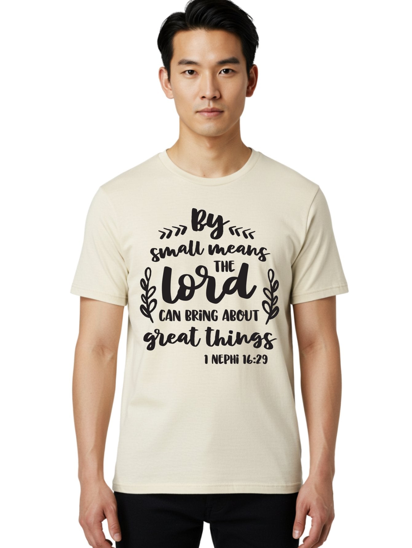 By-Small-Means-The-Lord-Can-Bring-About-Great-Things Men'S Graphic Tee, 100% Cotton, Comfortable Casual Summer Wear, Machine Washable, Inspirational Quote, Motivational Scripture, 1 Nephi 16:29, Small Means Great Things, Lord'S Power, Aac555 29