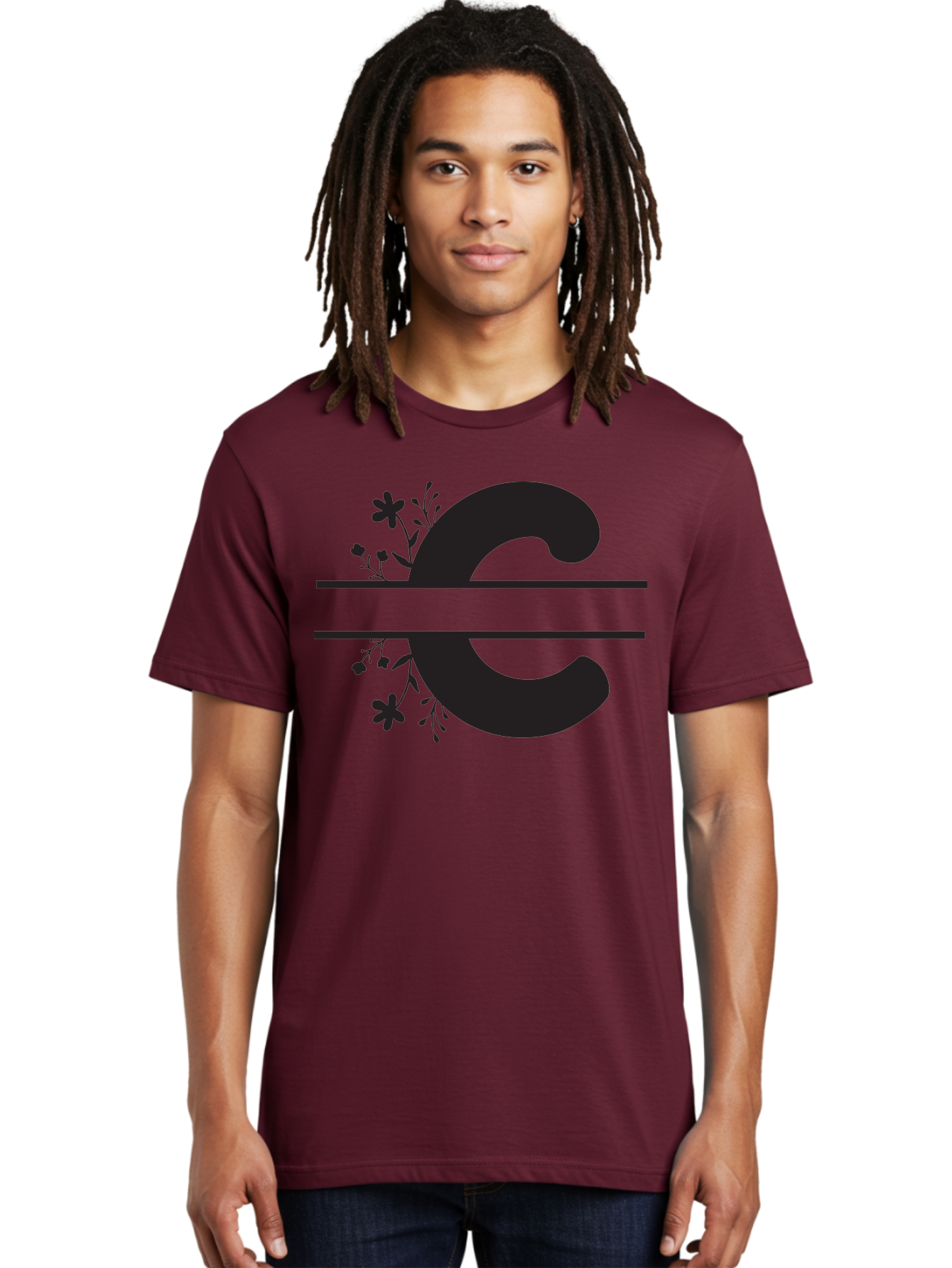 C-1 Men'S Graphic Tee, 100% Cotton, Comfortable Casual Summer Wear, Machine Washable, Black Letter C, Floral Design, Flowers And Foliage, Elegant Typography, Decorative Elements, Simple Yet Sophisticated Aac556 8