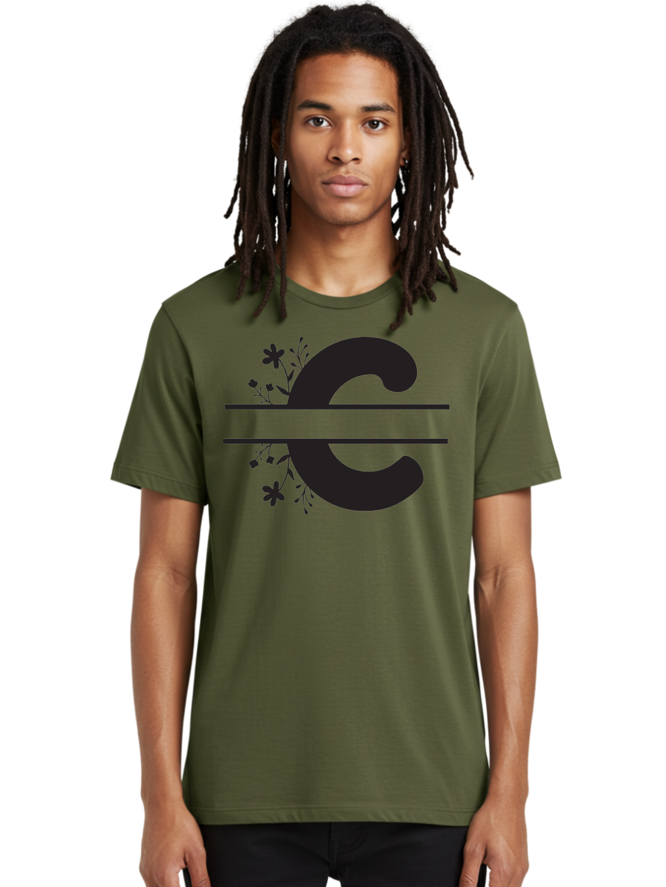 C-1 Men'S Graphic Tee, 100% Cotton, Comfortable Casual Summer Wear, Machine Washable, Black Letter C, Floral Design, Flowers And Foliage, Elegant Typography, Decorative Elements, Simple Yet Sophisticated Aac556 14