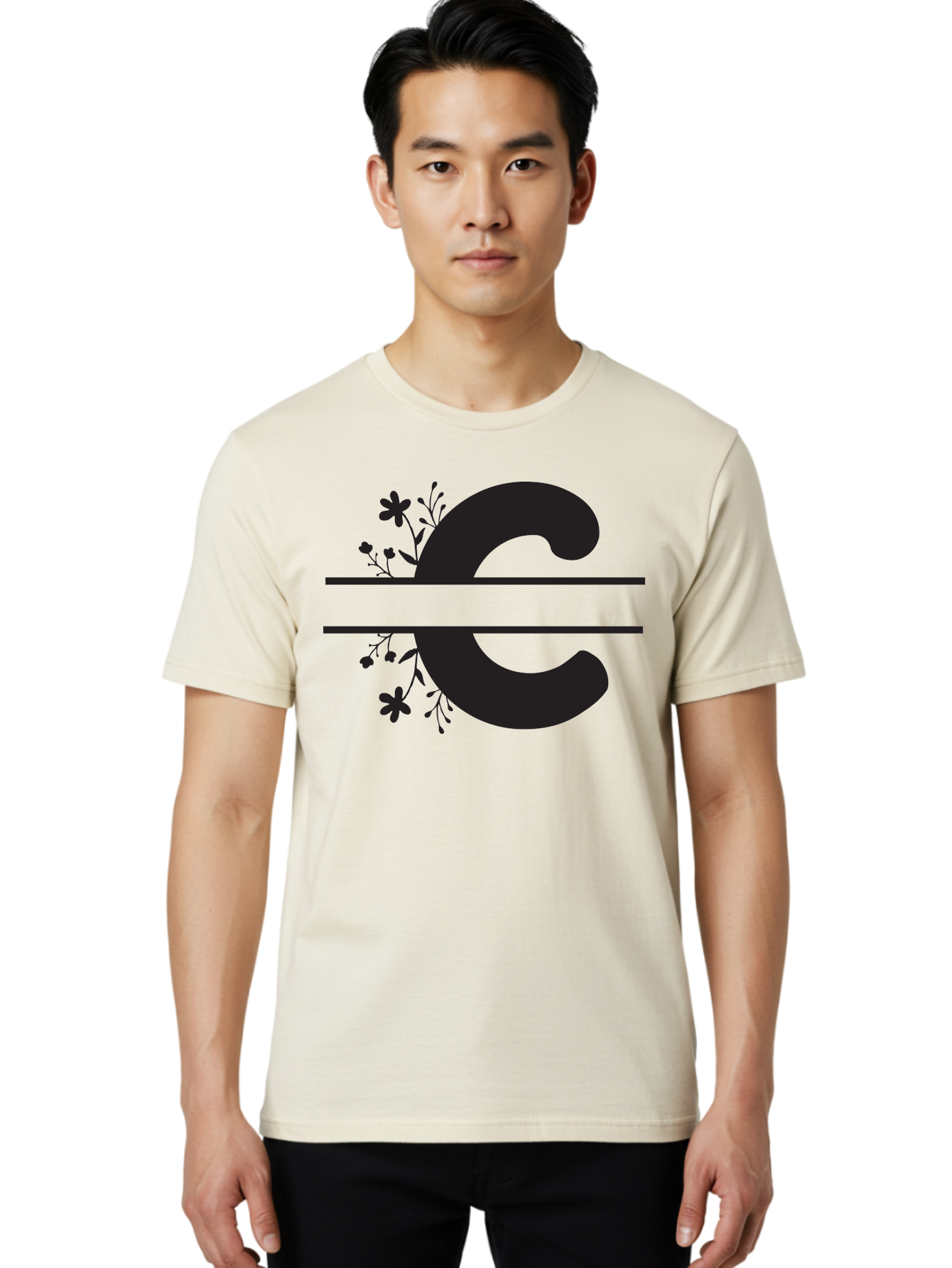 C-1 Men'S Graphic Tee, 100% Cotton, Comfortable Casual Summer Wear, Machine Washable, Black Letter C, Floral Design, Flowers And Foliage, Elegant Typography, Decorative Elements, Simple Yet Sophisticated Aac556 6