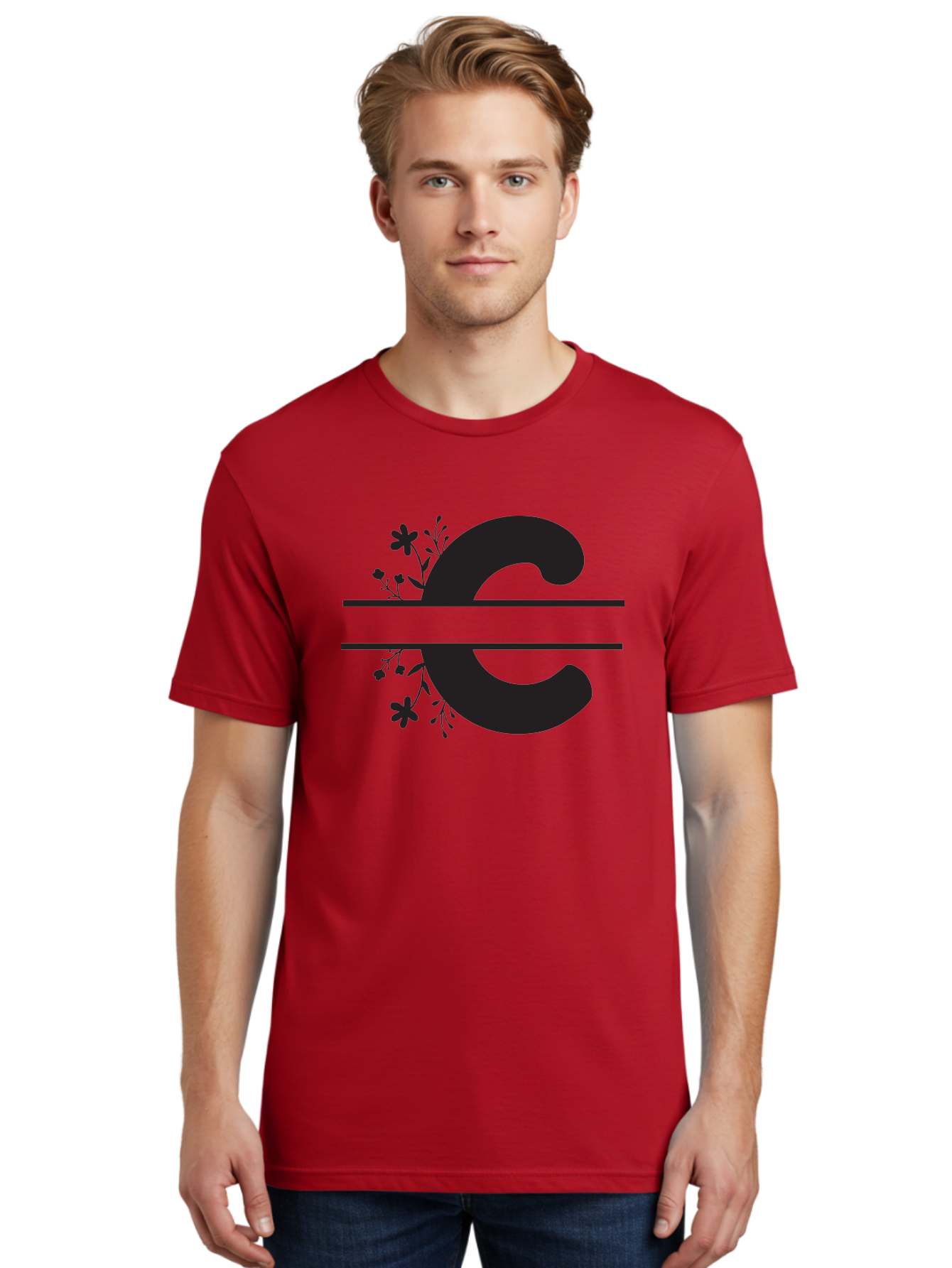 C-1 Men'S Graphic Tee, 100% Cotton, Comfortable Casual Summer Wear, Machine Washable, Black Letter C, Floral Design, Flowers And Foliage, Elegant Typography, Decorative Elements, Simple Yet Sophisticated Aac556 24