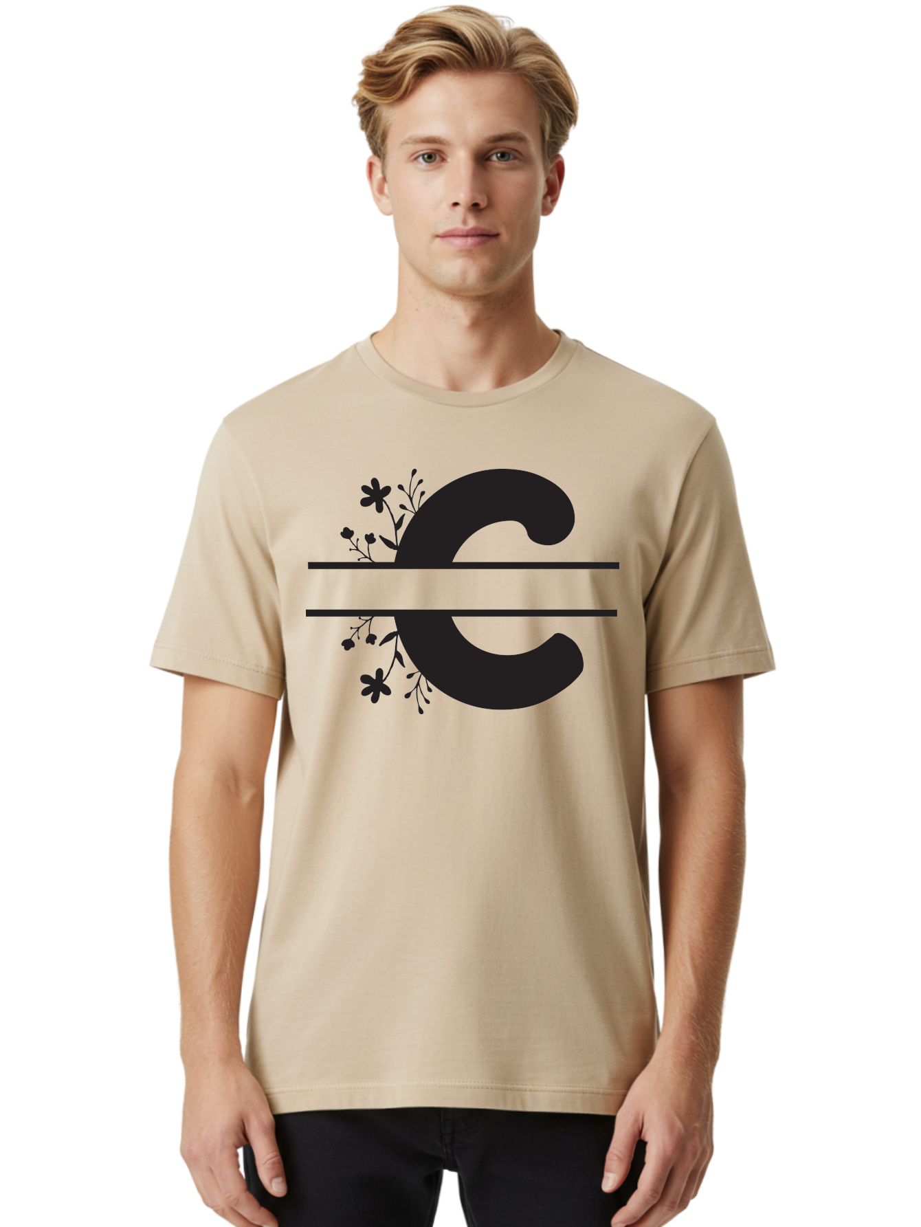 C-1 Men'S Graphic Tee, 100% Cotton, Comfortable Casual Summer Wear, Machine Washable, Black Letter C, Floral Design, Flowers And Foliage, Elegant Typography, Decorative Elements, Simple Yet Sophisticated Aac556 10