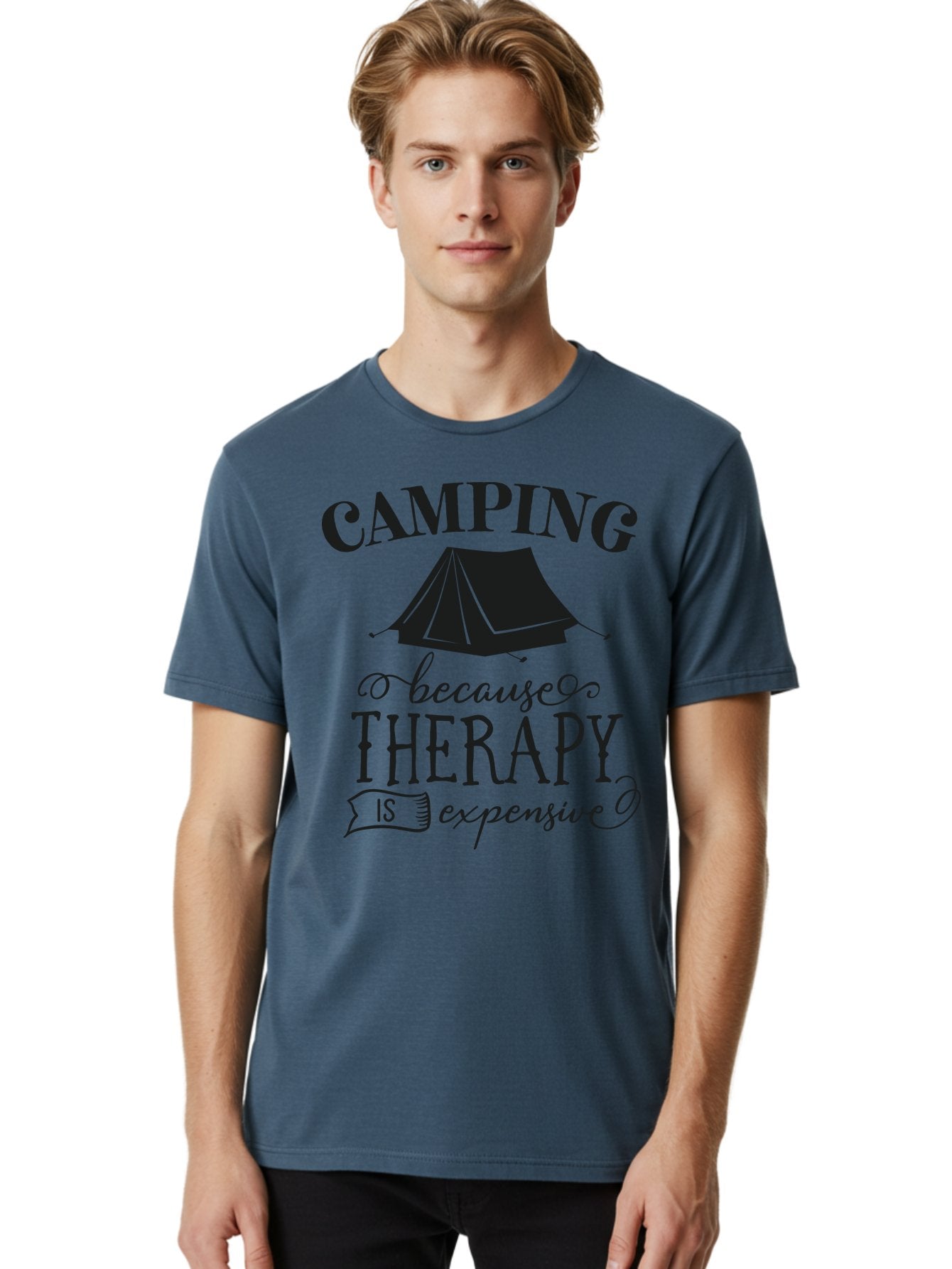 Camping-Because-Therapy-Is-Expensive Men'S Graphic Tee, 100% Cotton, Comfortable Casual Summer Wear, Machine Washable, Camping Quotes, Outdoor Adventures, Therapy Alternatives, Humorous Sayings, Camping Humor, Wellness Retreats, Aac559 19