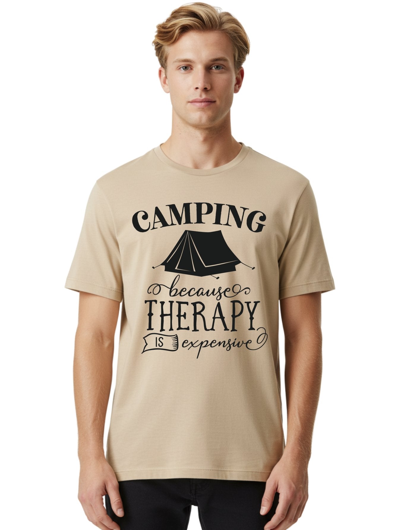 Camping-Because-Therapy-Is-Expensive Men'S Graphic Tee, 100% Cotton, Comfortable Casual Summer Wear, Machine Washable, Camping Quotes, Outdoor Adventures, Therapy Alternatives, Humorous Sayings, Camping Humor, Wellness Retreats, Aac559 25