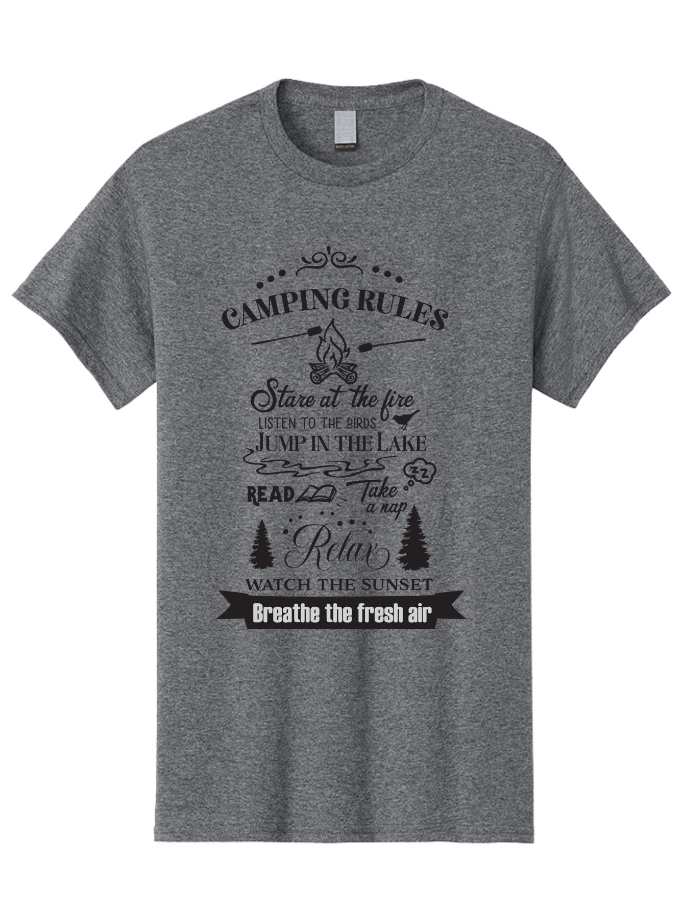 Camping-Rules Men'S Graphic Tee, 100% Cotton, Comfortable Casual Summer Wear, Machine Washable, Camping Rules, Outdoor Activities, Camping Tips, Nature Lovers, Relaxation Techniques, Campfire, Lake, Reading, Napping, Sunset Watching, Fresh Air Aac561