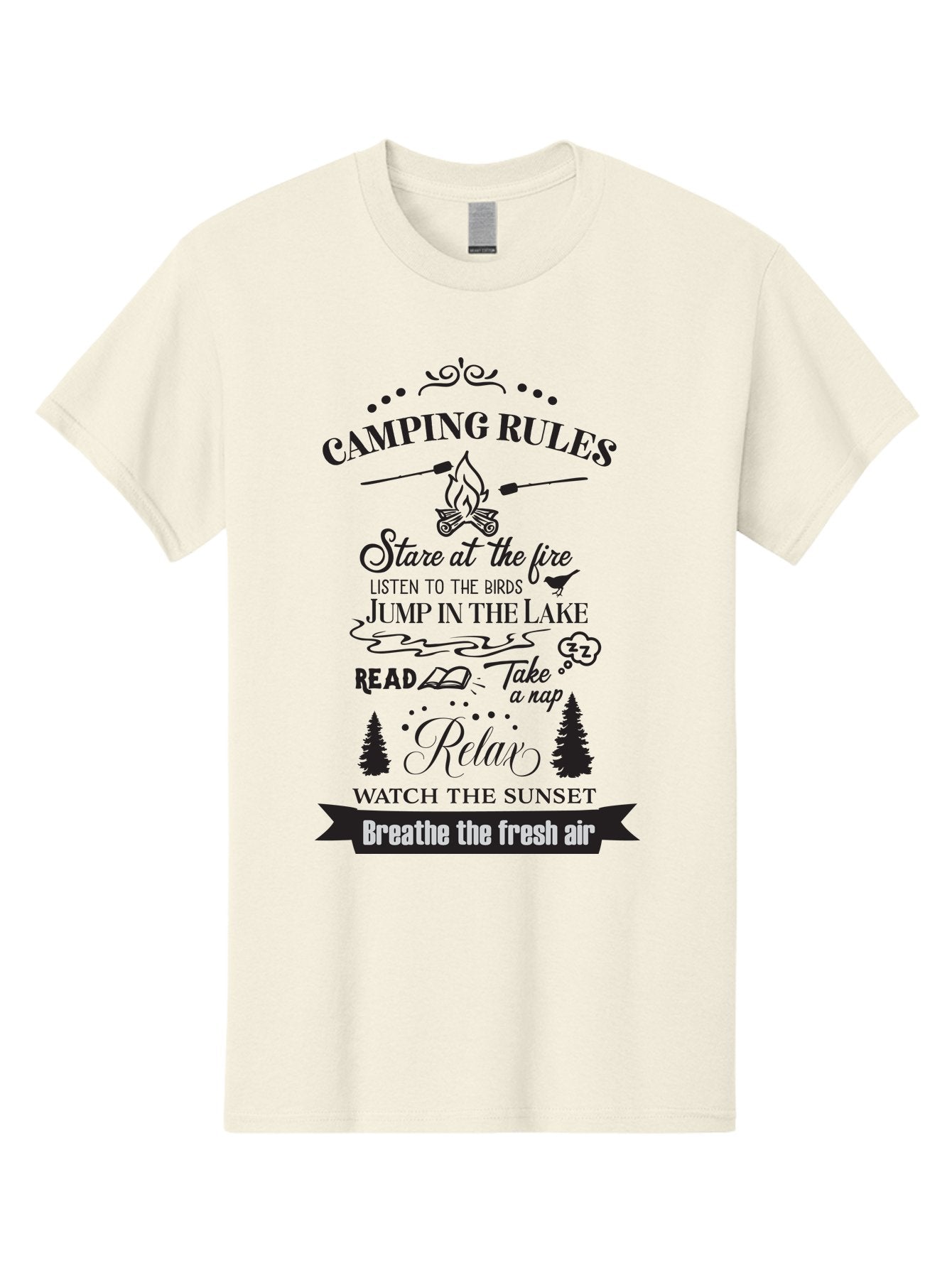 Camping-Rules Men'S Graphic Tee, 100% Cotton, Comfortable Casual Summer Wear, Machine Washable, Camping Rules, Outdoor Activities, Camping Tips, Nature Lovers, Relaxation Techniques, Campfire, Lake, Reading, Napping, Sunset Watching, Fresh Air Aac561 3