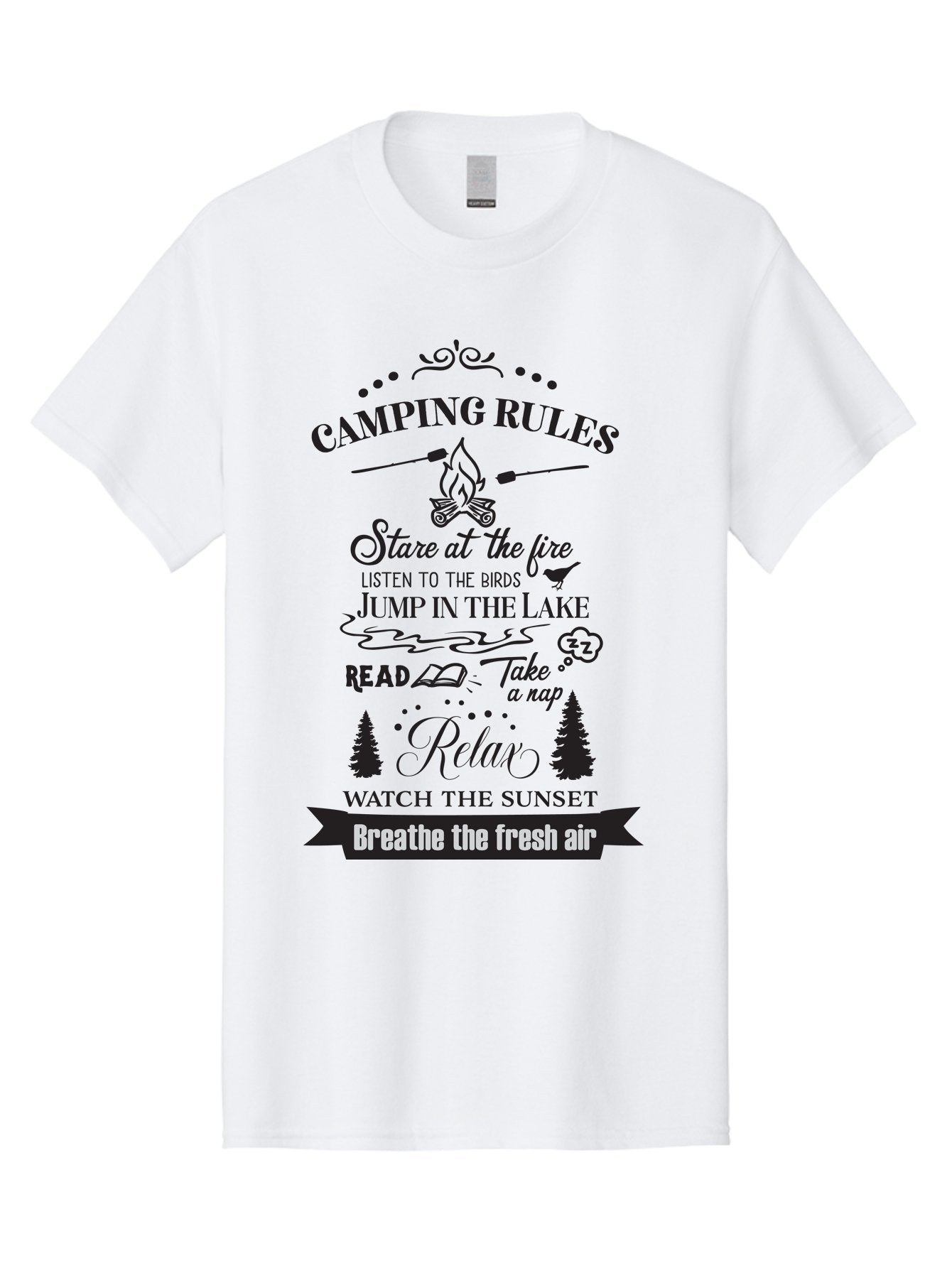 Camping-Rules Men'S Graphic Tee, 100% Cotton, Comfortable Casual Summer Wear, Machine Washable, Camping Rules, Outdoor Activities, Camping Tips, Nature Lovers, Relaxation Techniques, Campfire, Lake, Reading, Napping, Sunset Watching, Fresh Air Aac561 15