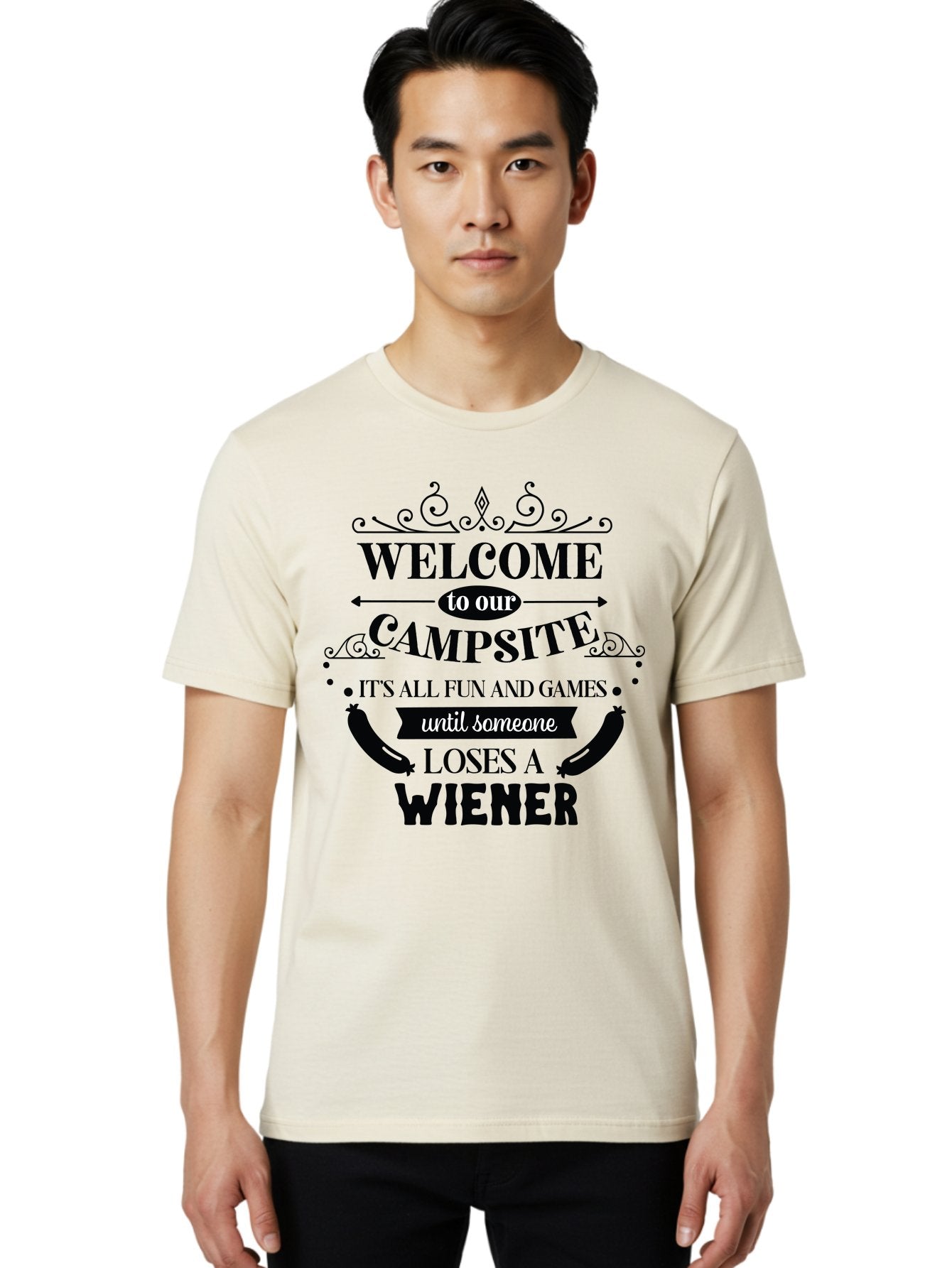 Campsite-Sign Men'S Graphic Tee, 100% Cotton, Comfortable Casual Summer Wear, Machine Washable, Camping Humor, Funny Quote, Wiener Joke, Outdoor Adventure, Campsite Welcome, Summer Fun, Playful Saying, Witty Humor, Camping Quote Aac562 29