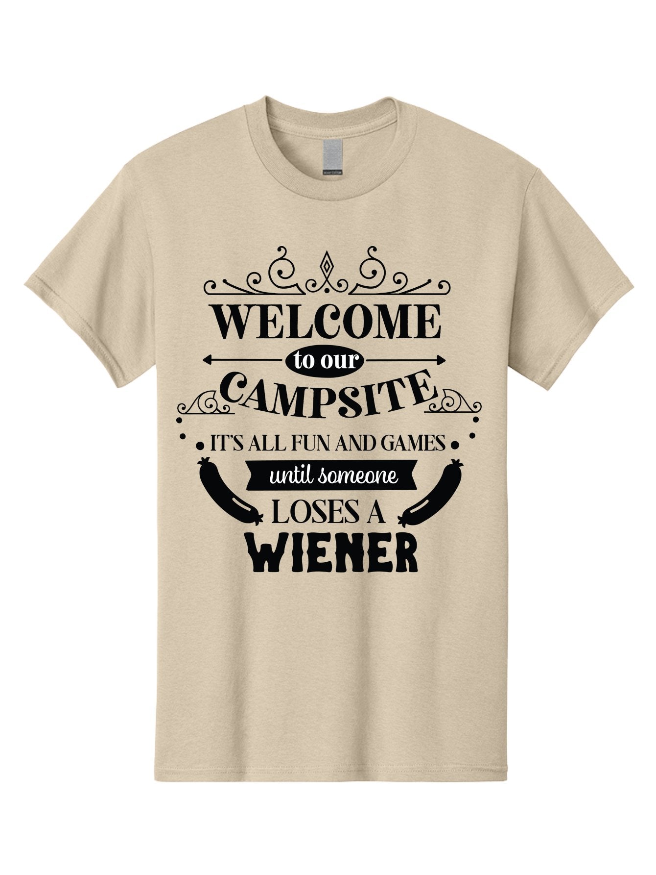 Campsite-Sign Men'S Graphic Tee, 100% Cotton, Comfortable Casual Summer Wear, Machine Washable, Camping Humor, Funny Quote, Wiener Joke, Outdoor Adventure, Campsite Welcome, Summer Fun, Playful Saying, Witty Humor, Camping Quote Aac562 15
