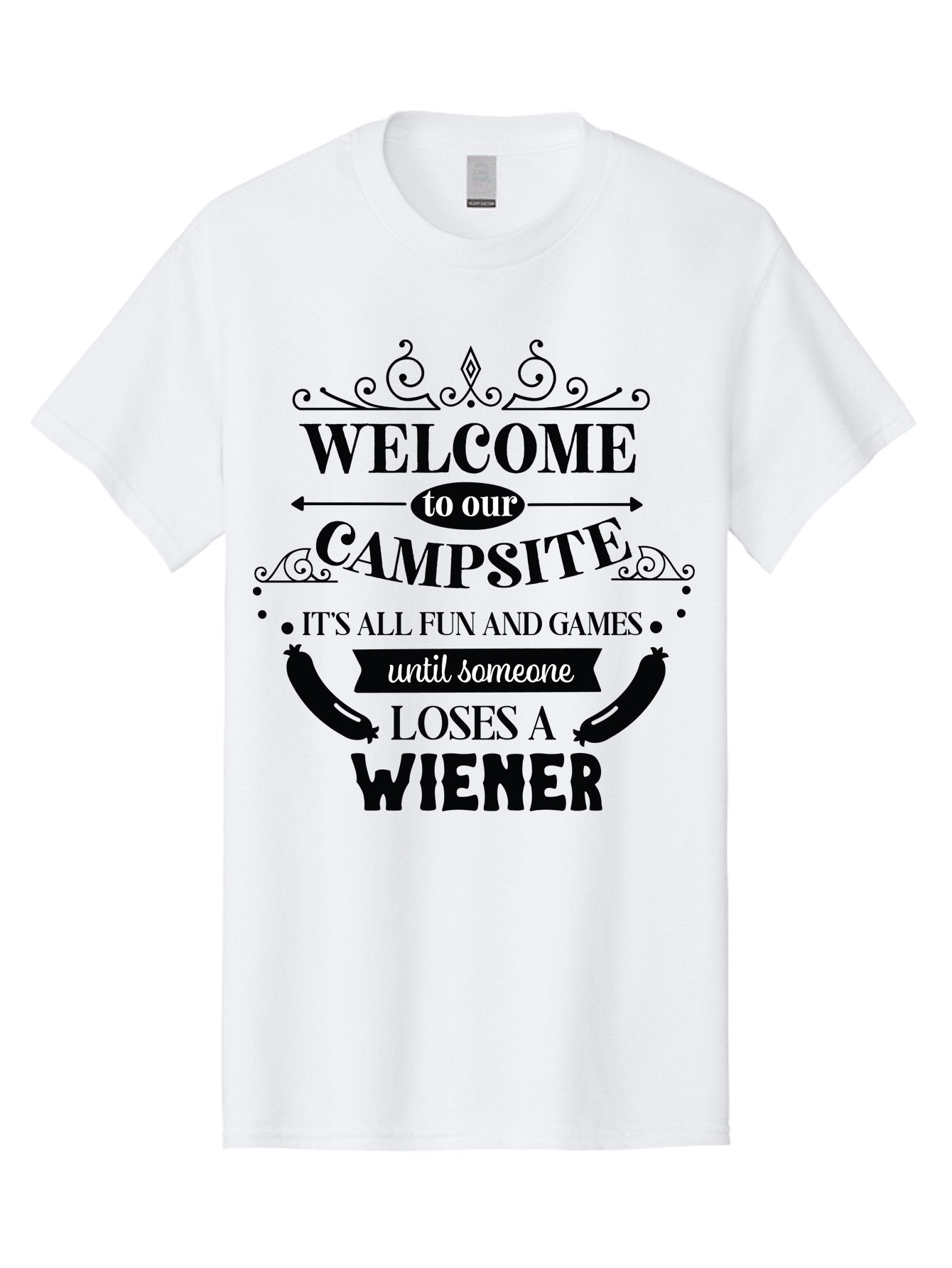 Campsite-Sign Men'S Graphic Tee, 100% Cotton, Comfortable Casual Summer Wear, Machine Washable, Camping Humor, Funny Quote, Wiener Joke, Outdoor Adventure, Campsite Welcome, Summer Fun, Playful Saying, Witty Humor, Camping Quote Aac562