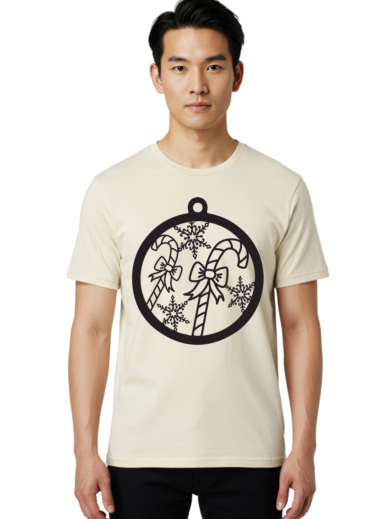Candy-Canes-Ornament Men'S Graphic Tee, 100% Cotton, Comfortable Casual Summer Wear, Machine Washable, Candy Canes With Bows, Christmas Ornaments, Festive Holiday Decor, Winter Wonderland Theme, Snowflakes, Holiday Cheer, Aac566 29