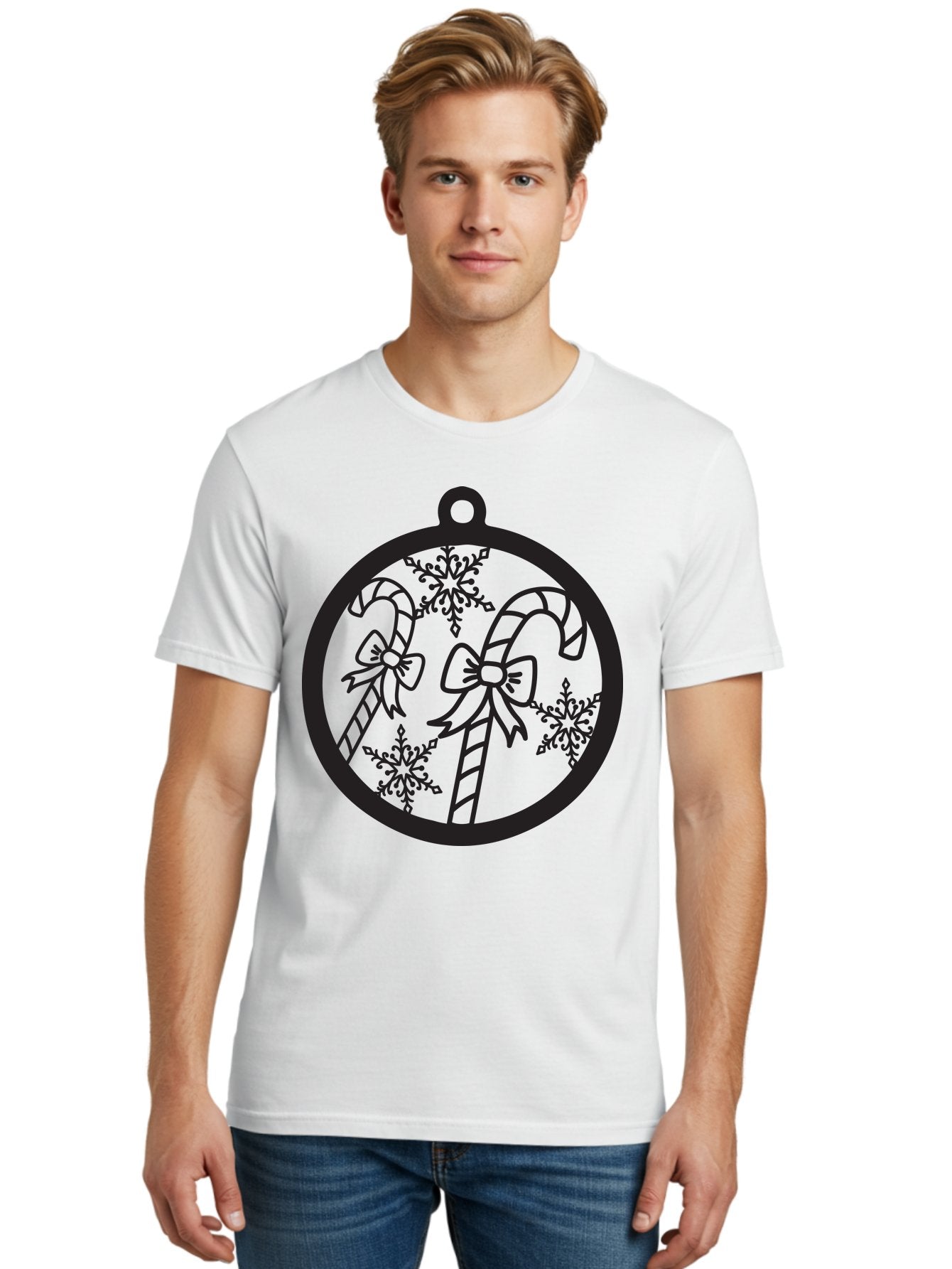 Candy-Canes-Ornament Men'S Graphic Tee, 100% Cotton, Comfortable Casual Summer Wear, Machine Washable, Candy Canes With Bows, Christmas Ornaments, Festive Holiday Decor, Winter Wonderland Theme, Snowflakes, Holiday Cheer, Aac566 25