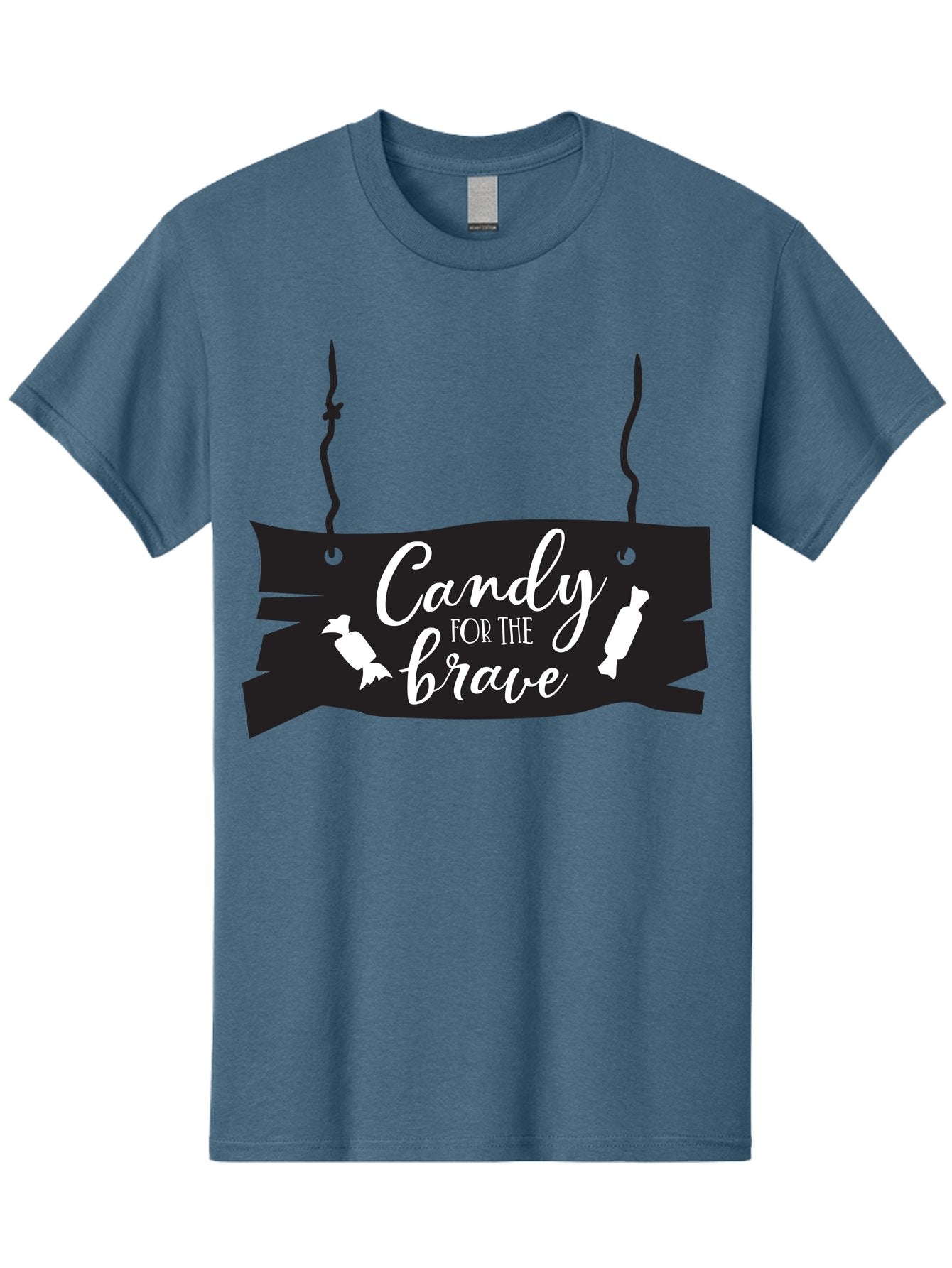 Candy-For-The-Brave Men'S Graphic Tee, 100% Cotton, Comfortable Casual Summer Wear, Machine Washable, Halloween Candy, Trick Or Treat, Spooky Decorations, White Cursive Text, Ghost And Candy Illustration, Black Wooden Sign, Horror Theme, Aac567 14