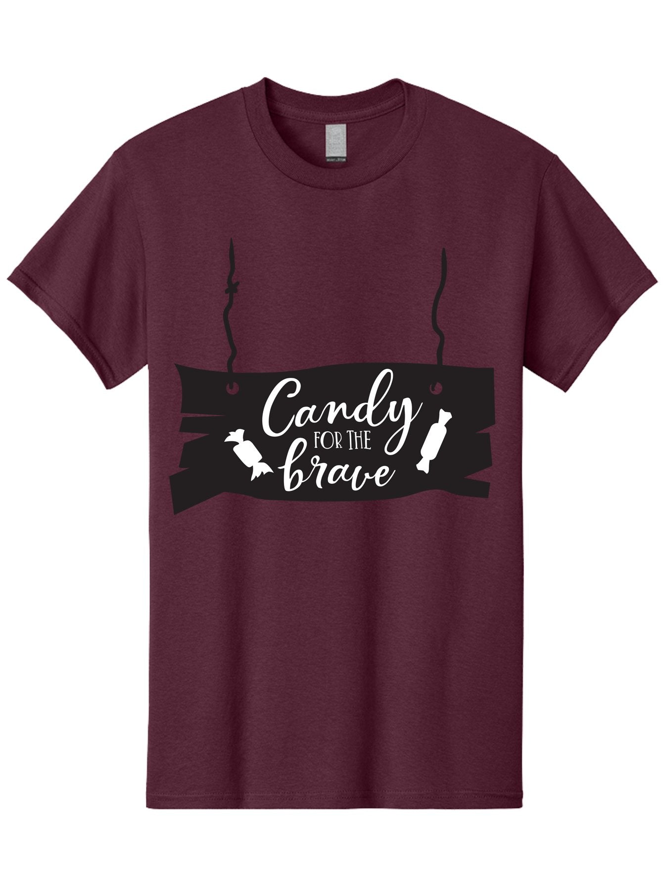 Candy-For-The-Brave Men'S Graphic Tee, 100% Cotton, Comfortable Casual Summer Wear, Machine Washable, Halloween Candy, Trick Or Treat, Spooky Decorations, White Cursive Text, Ghost And Candy Illustration, Black Wooden Sign, Horror Theme, Aac567 5