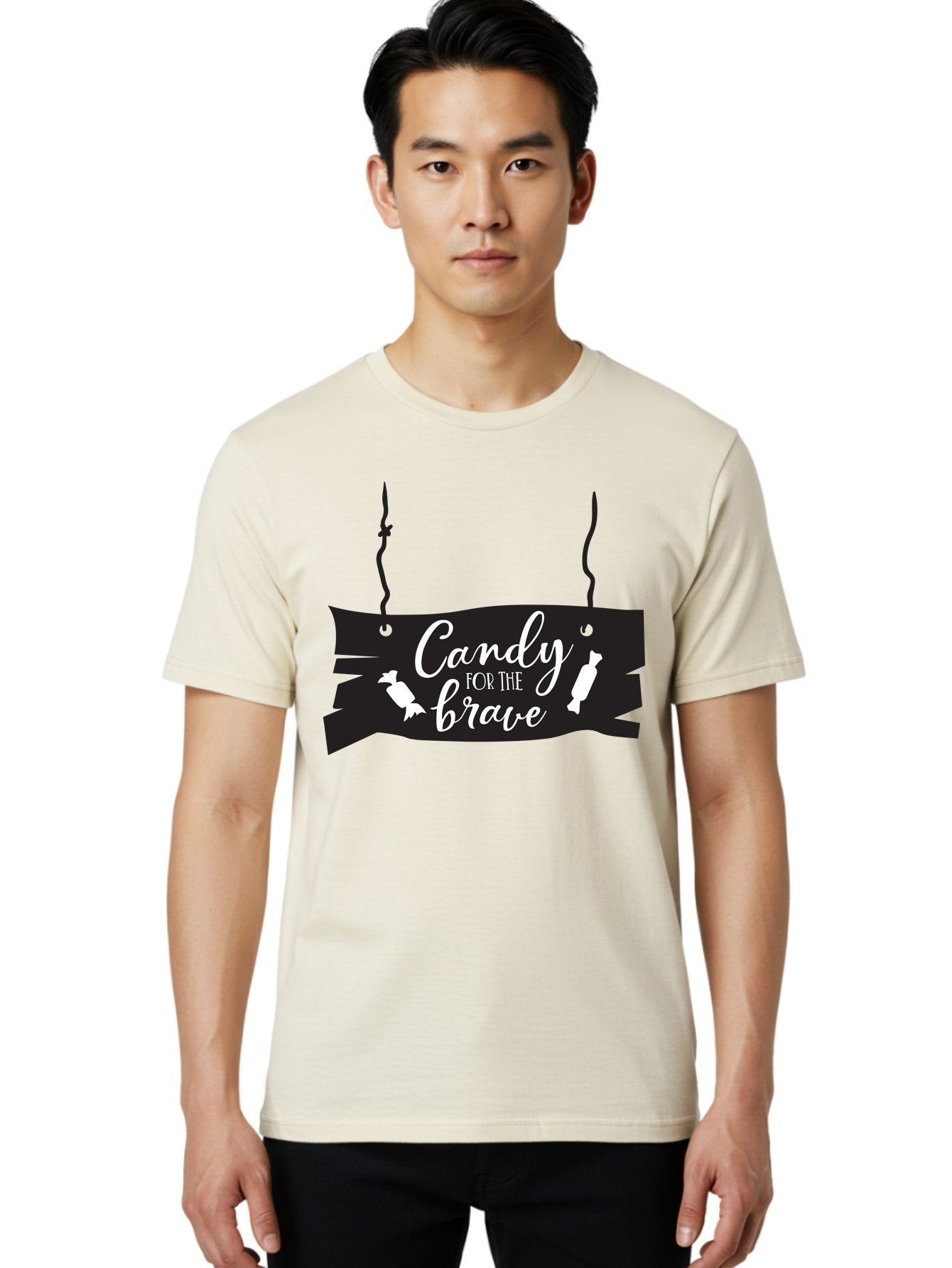 Candy-For-The-Brave Men'S Graphic Tee, 100% Cotton, Comfortable Casual Summer Wear, Machine Washable, Halloween Candy, Trick Or Treat, Spooky Decorations, White Cursive Text, Ghost And Candy Illustration, Black Wooden Sign, Horror Theme, Aac567 28